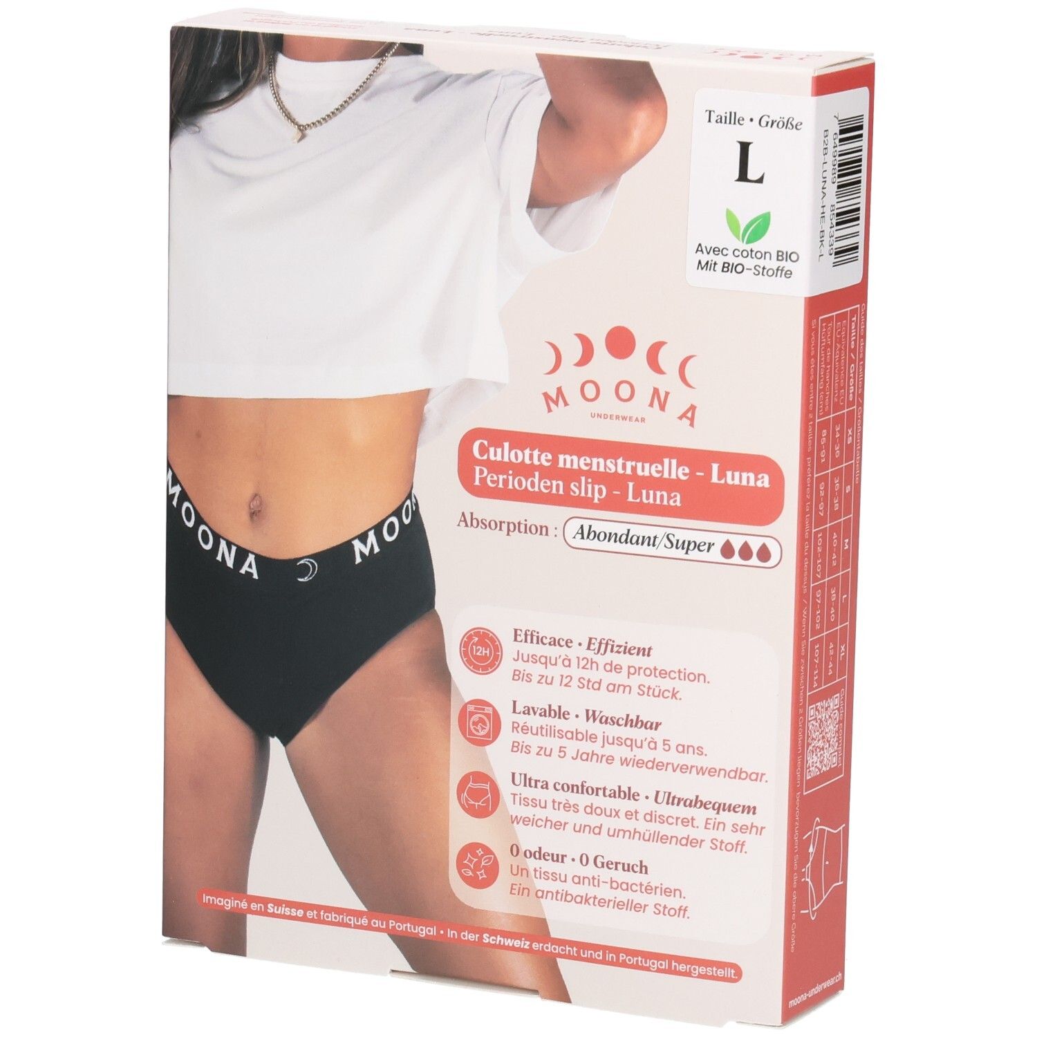 Verpakking met zwarte MOONA menstruatieslip Luna, maat L. Opschriften: merk, productnaam, maat, absorptie, biologisch katoen.