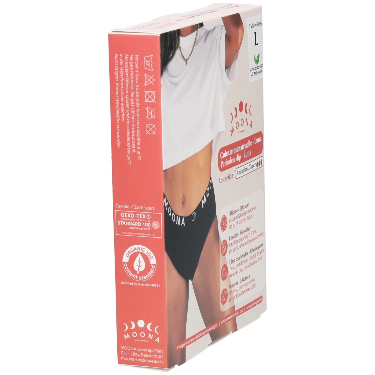 Verpakking met zwarte MOONA menstruatieslip Luna, maat L. Oeko-Tex certificering. Opschriften: merk, naam, maat, biologisch katoen.