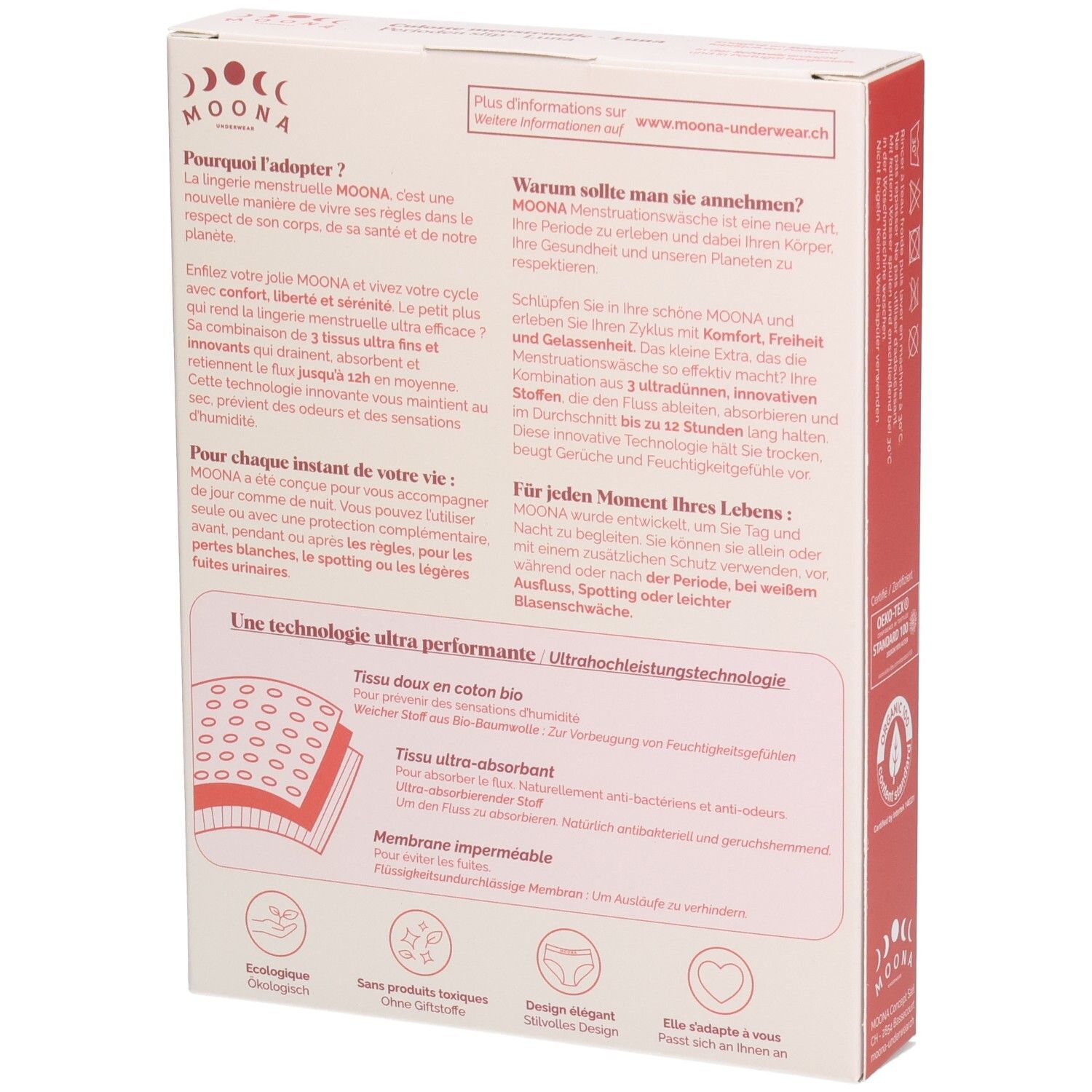 Achterkant van de verpakking met informatie over de MOONA menstruatieslip Luna. Tekst in het Duits en Frans. Illustraties.