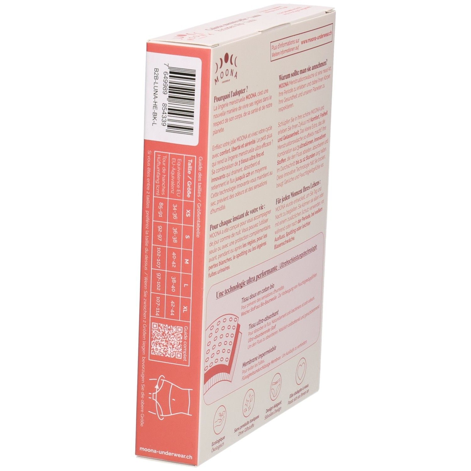 Zijaanzicht van de verpakking met informatie over de MOONA menstruatieslip Luna. Maatindicaties. QR-code.