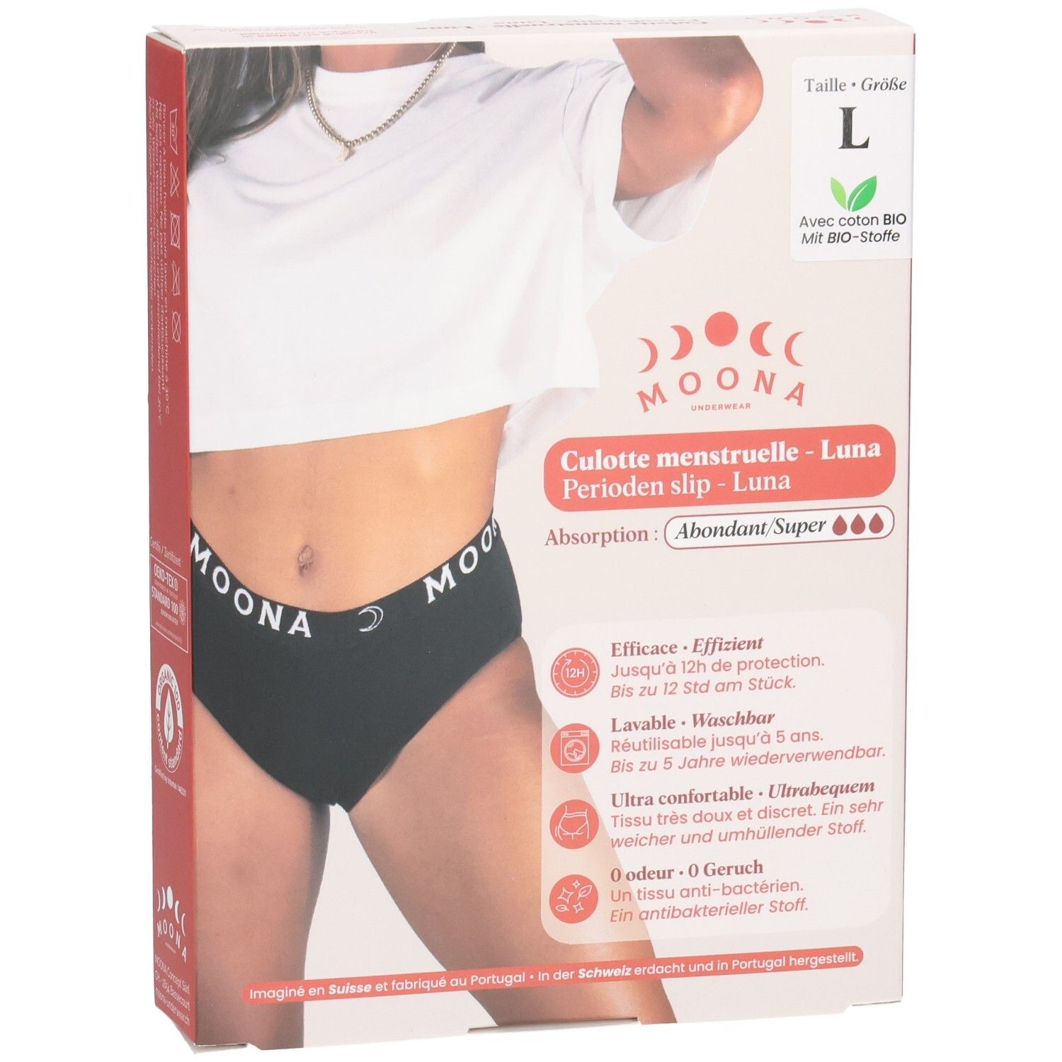 Verpakking met zwarte MOONA menstruatieslip Luna, maat L. Opschriften: merk, productnaam, maat, absorptie, biologisch katoen.