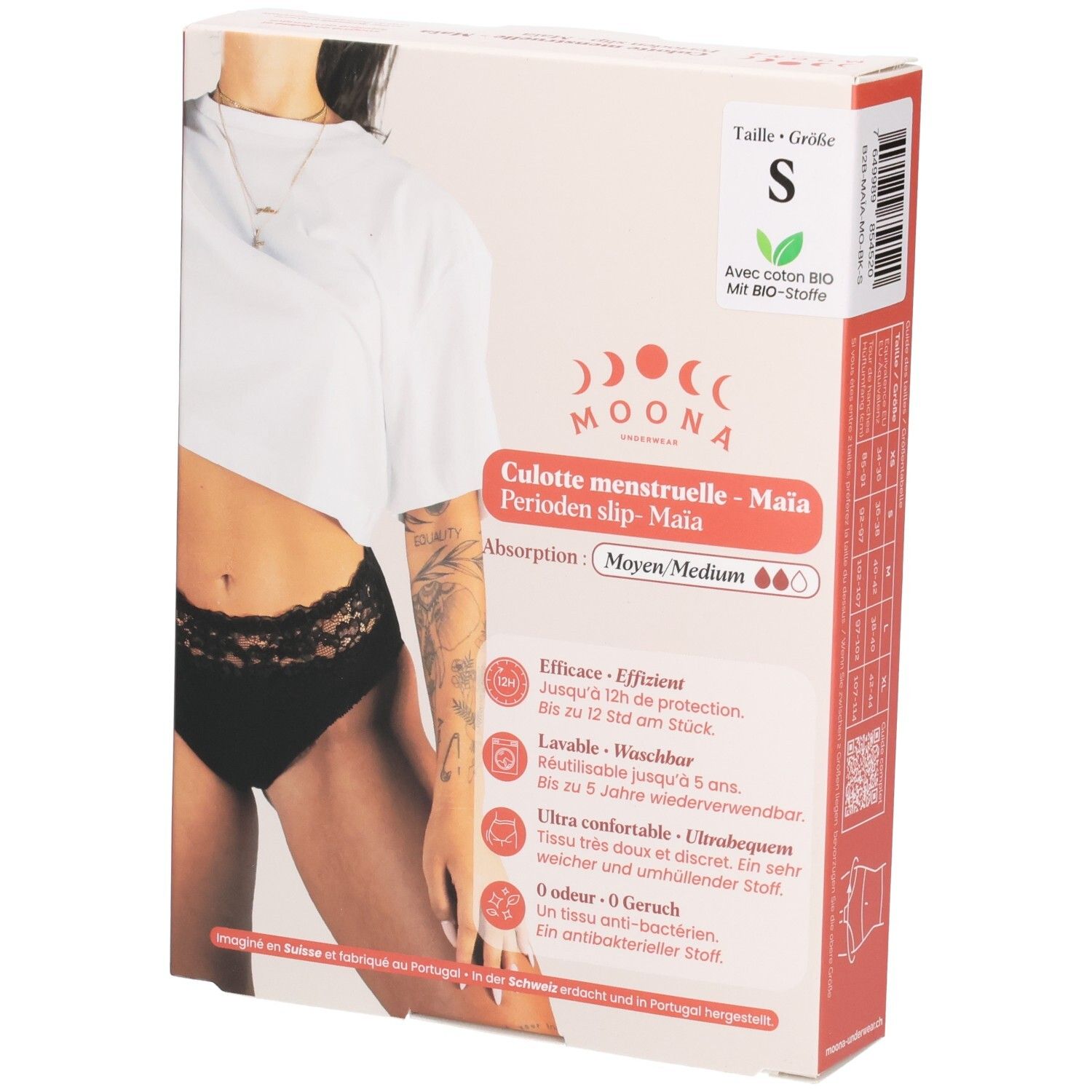 Verpakking MOONA menstruatieslip Maïa, maat S. Zwarte slip afgebeeld. Tekst: Medium flow. Productinformatie.