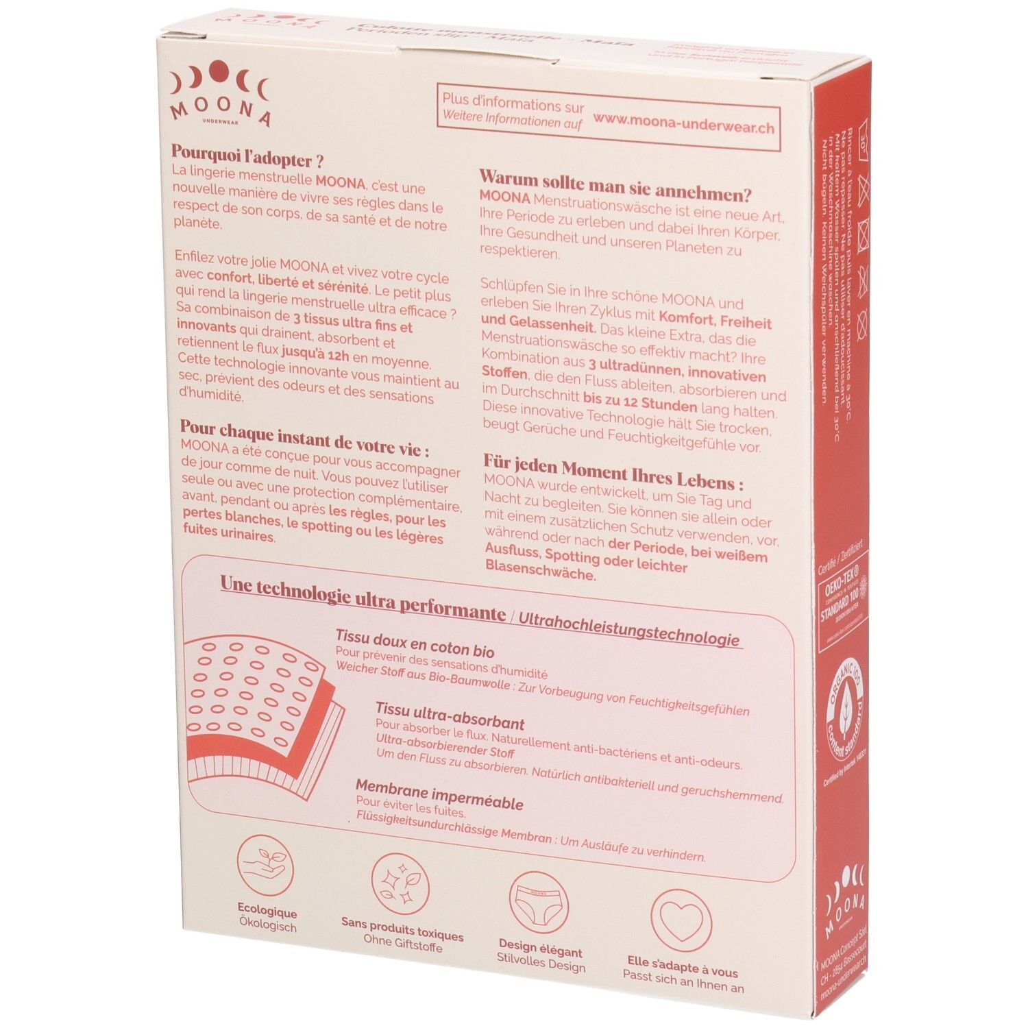 MOONA menstruatieslip Maïa, verpakking. Achterkant. Teksten: Productinformatie, voordelen, technologie.