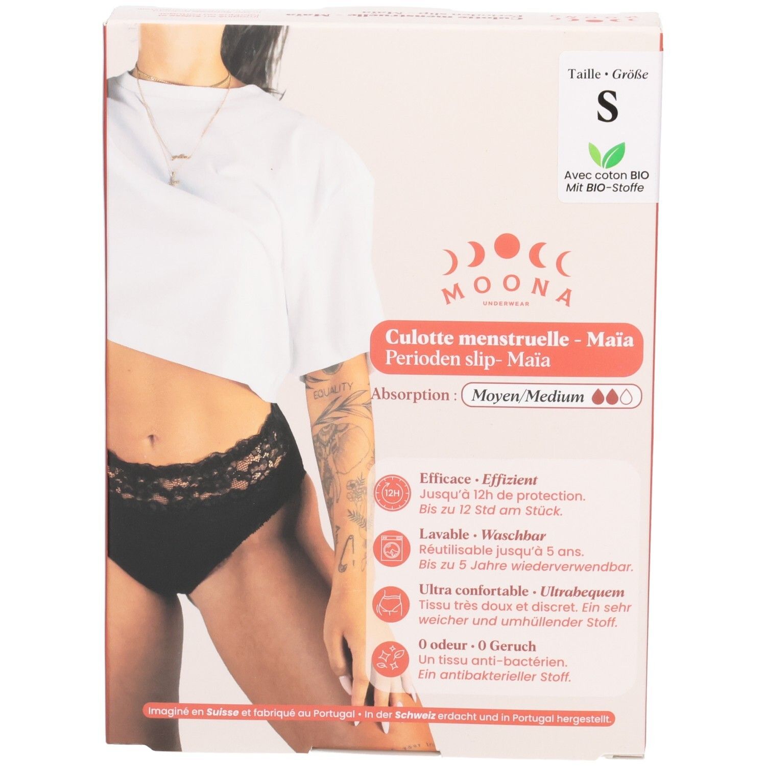 Verpakking MOONA menstruatieslip Maïa, maat S. Zwarte slip afgebeeld. Tekst: Medium flow. Productinformatie.
