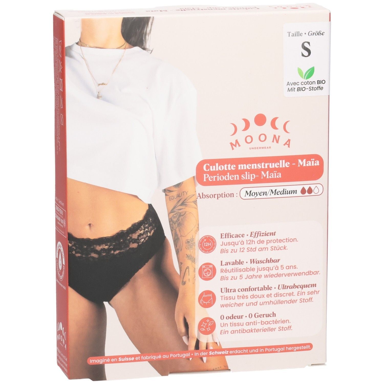 Verpakking MOONA menstruatieslip Maïa, maat S. Zwarte slip afgebeeld. Tekst: Medium flow. Productinformatie.