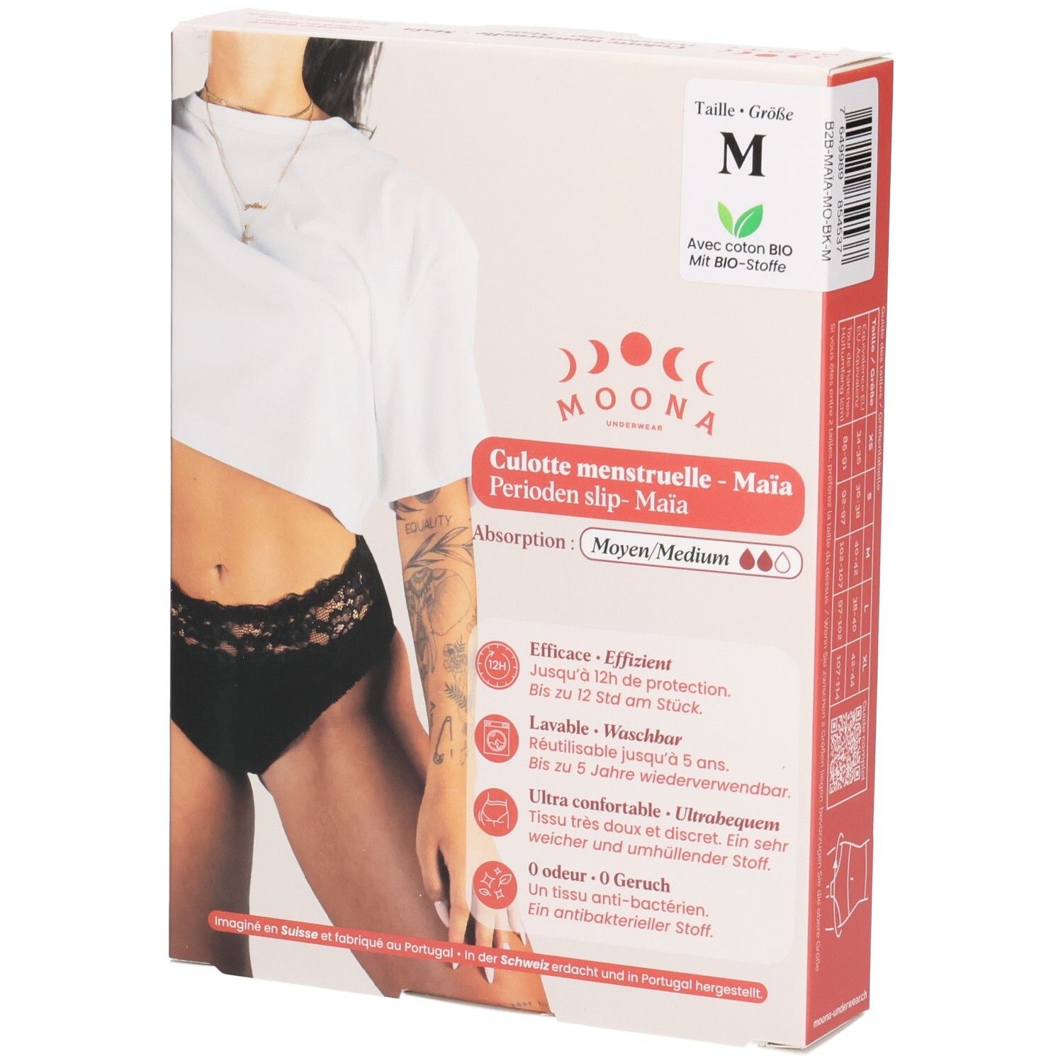 Verpakking MOONA menstruatieslip Maïa, maat M. Zwarte slip met kant. Opschriften: merk, productnaam, kenmerken.