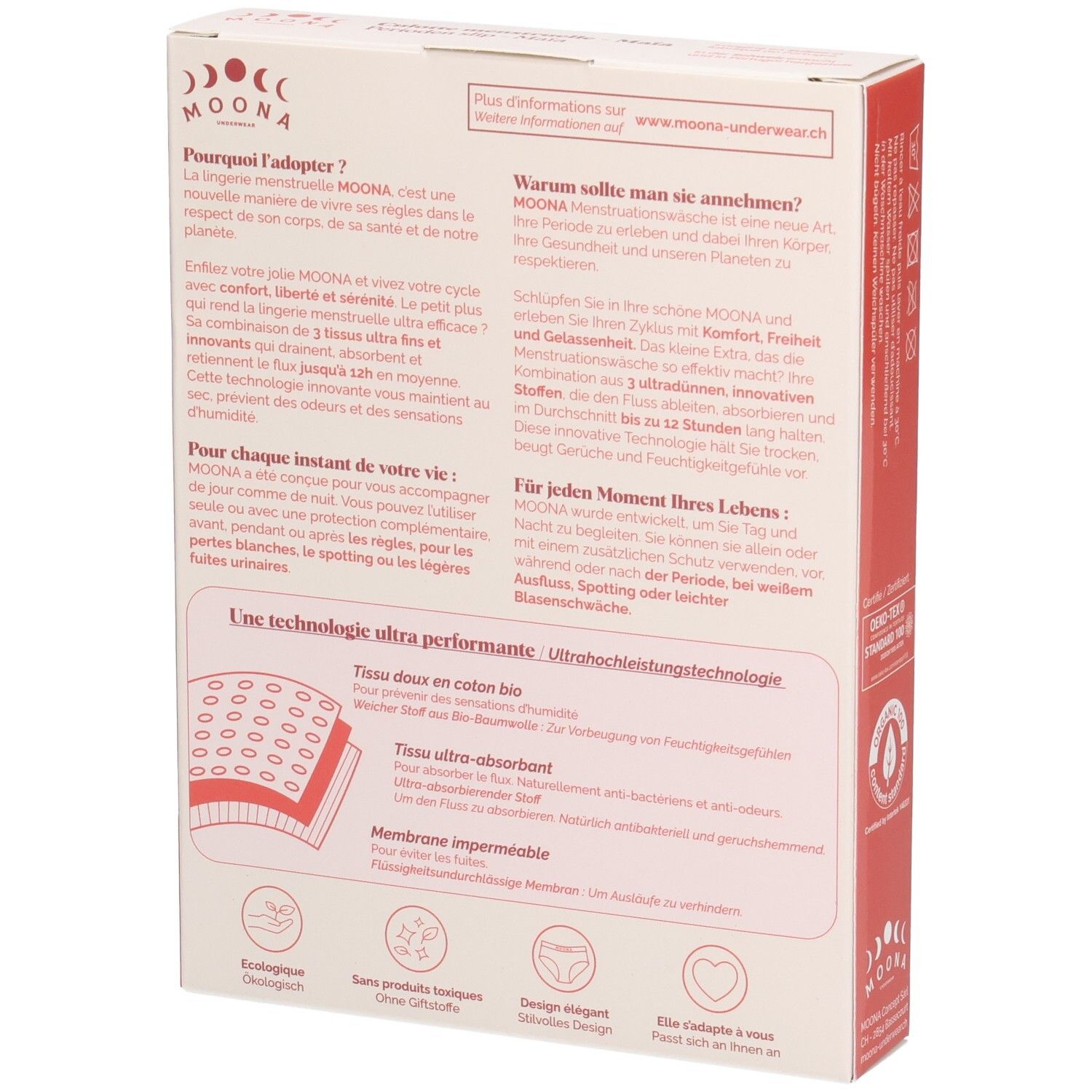 Achterkant verpakking MOONA menstruatieslip Maïa. Tekst: productinfo, voordelen, technologie. Illustratie: stoflagen.