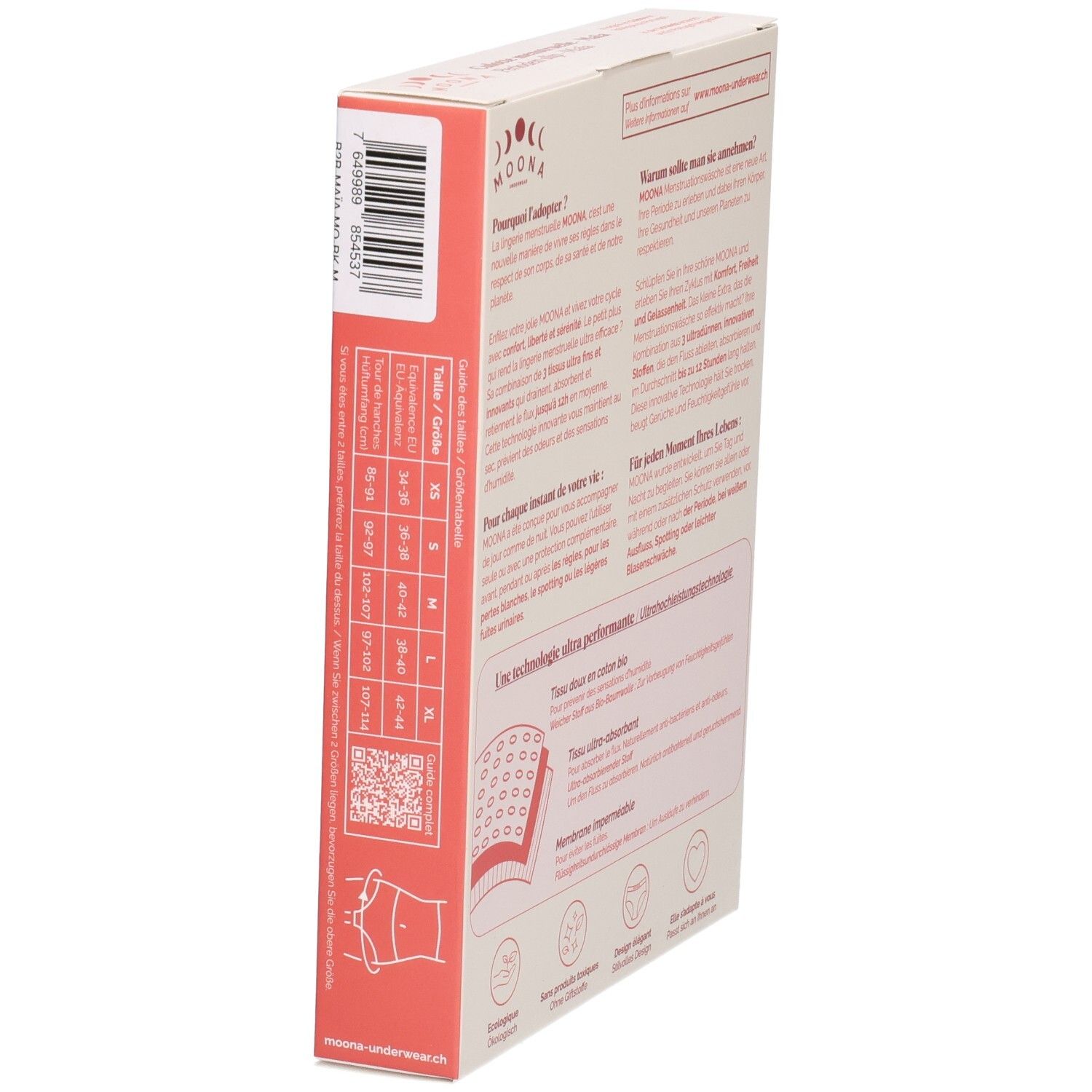 Zijkant verpakking MOONA menstruatieslip Maïa. Maatvoering. Tekst: productinfo. QR-code. Illustratie: slip.