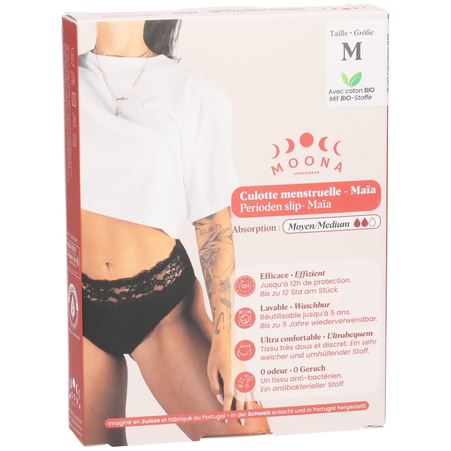 Verpakking MOONA menstruatieslip Maïa, maat M. Zwarte slip met kant. Opschriften: merk, productnaam, kenmerken.