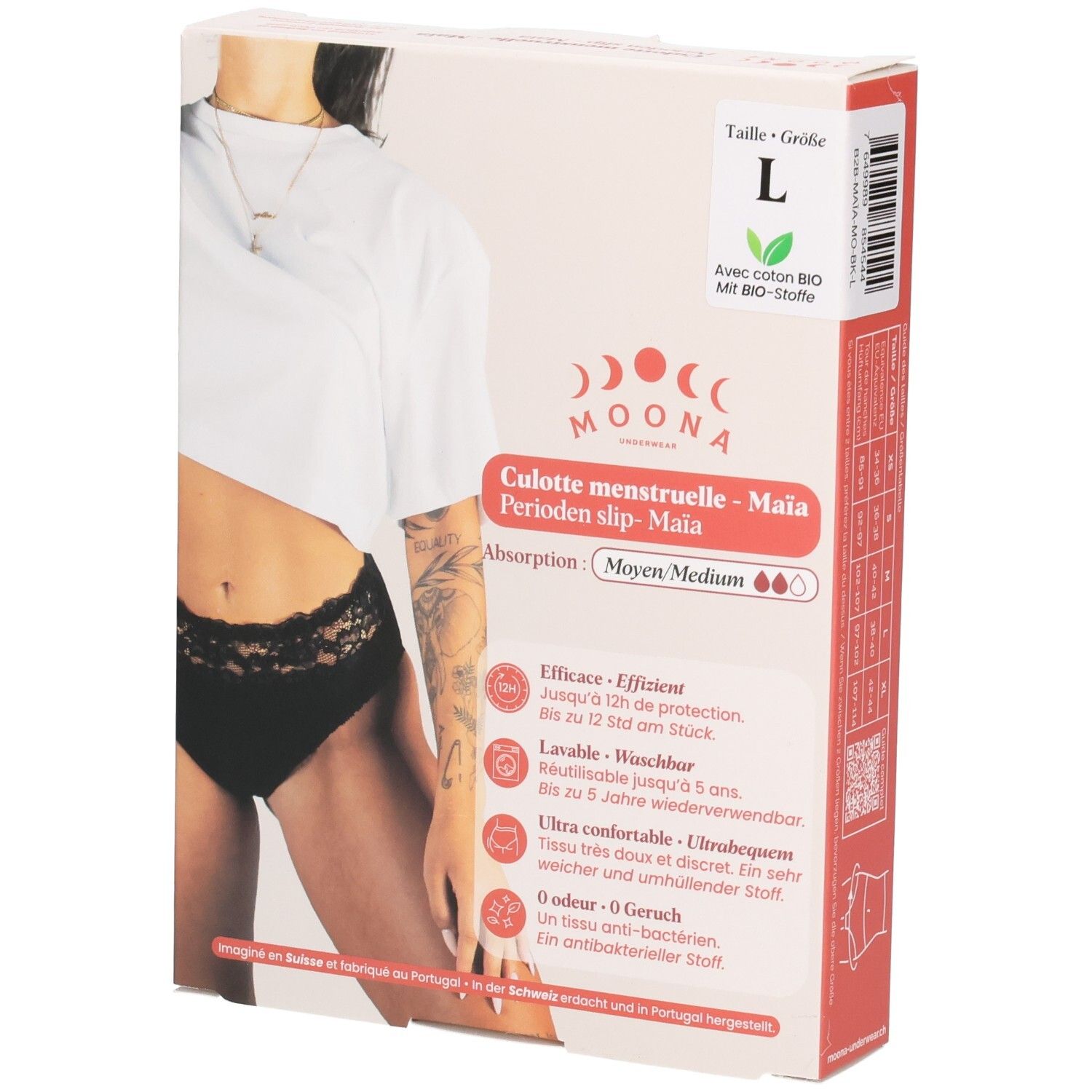 Verpakking van de MOONA menstruatieslip Maïa, maat L. Opschriften: productnaam, maat, logo, kenmerken, certificeringen.