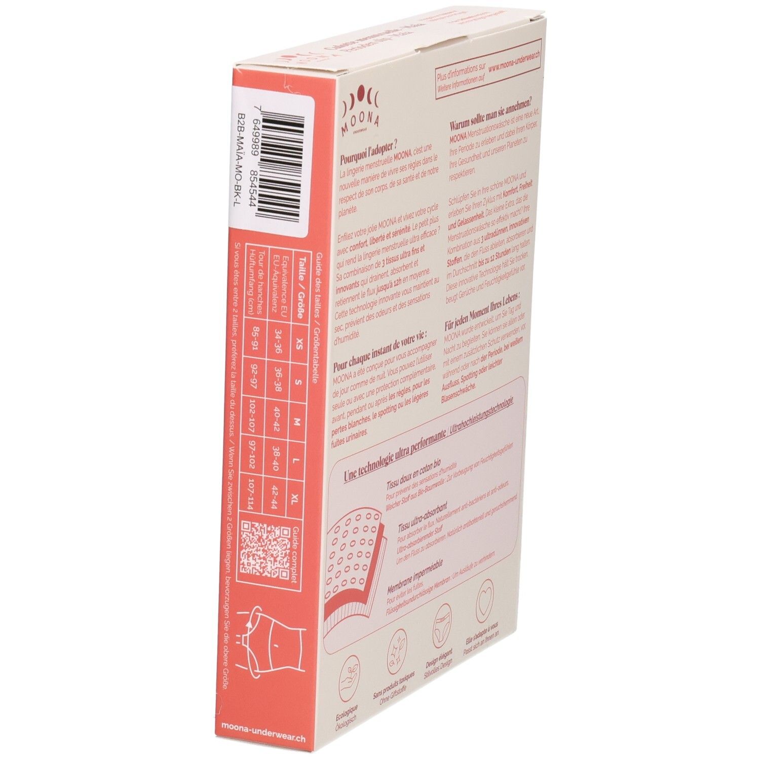 Zijaanzicht van de MOONA menstruatieslip Maïa verpakking. Maatindicaties, QR-code en productinformatie.