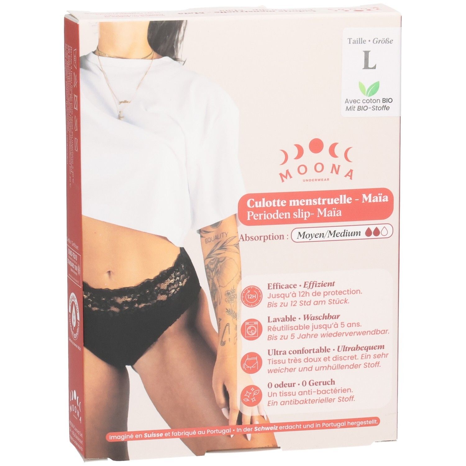 Voorkant van de MOONA menstruatieslip Maïa verpakking, maat L. Productafbeelding, logo, maatindicatie en kenmerken.