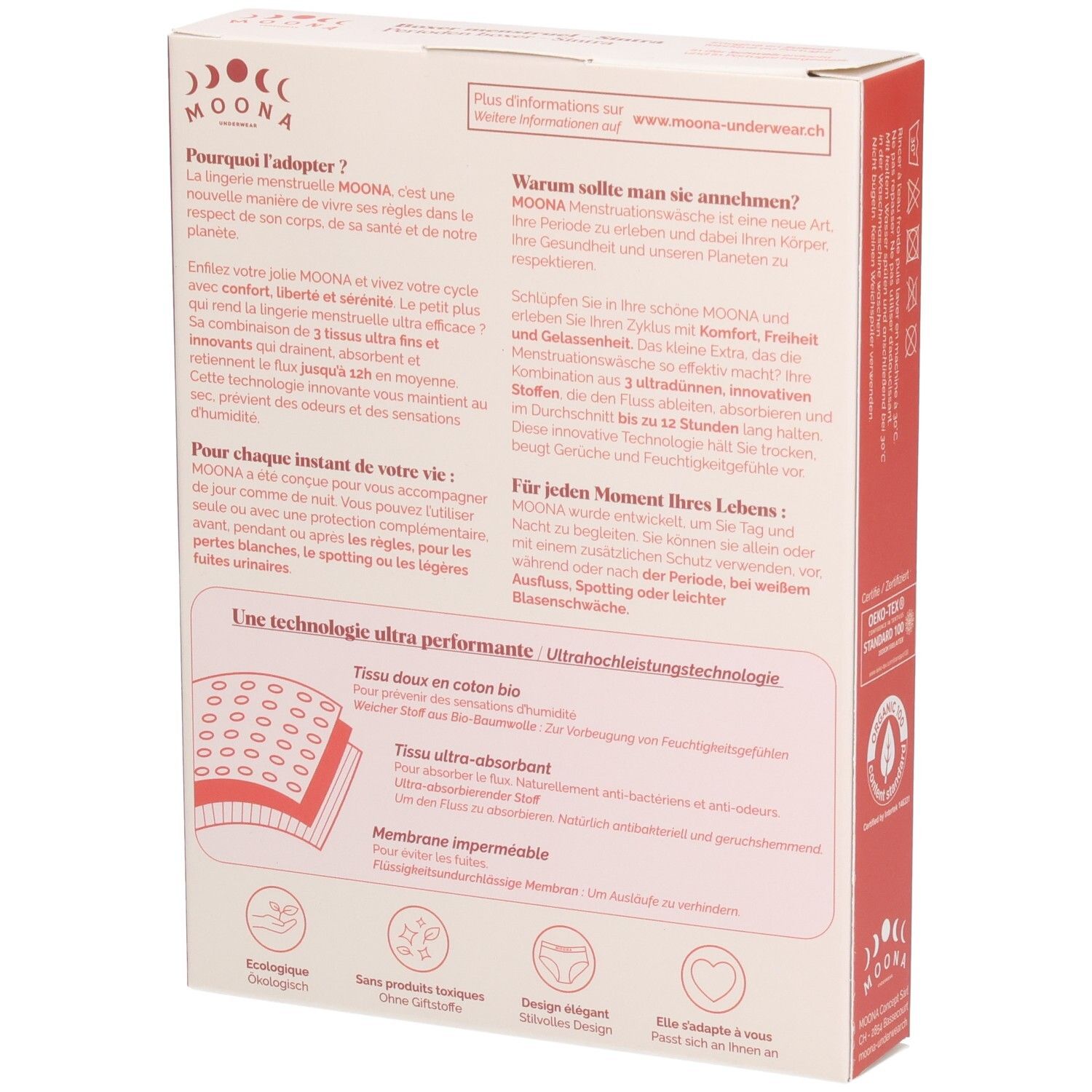 Achterkant van de verpakking van de Sintra boxer. Tekstinformatie en logo. Ecologisch, zonder gifstoffen, design chic.