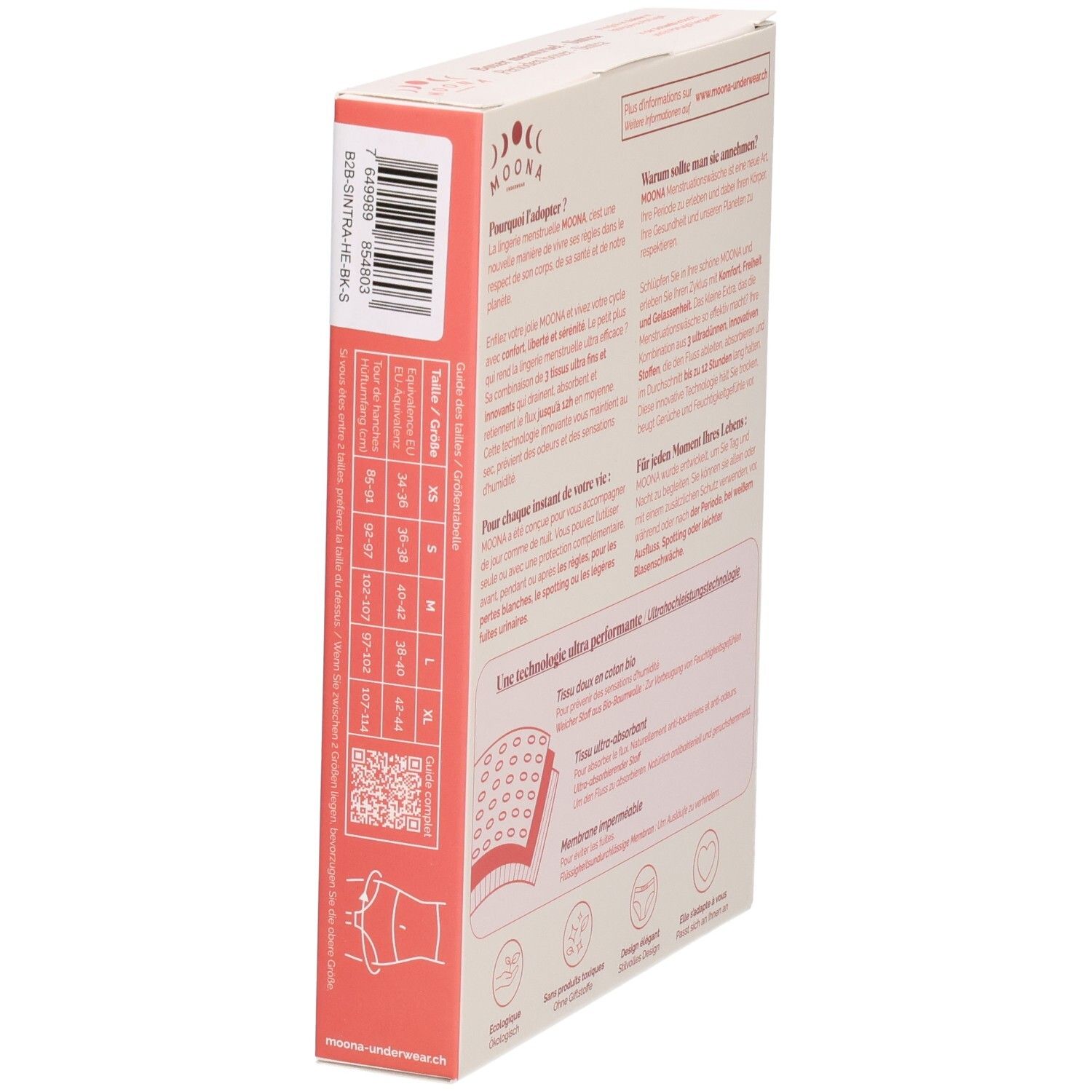 Zijkant van de verpakking van de Sintra boxer. Maatinformatie en QR-code. Productinformatie.