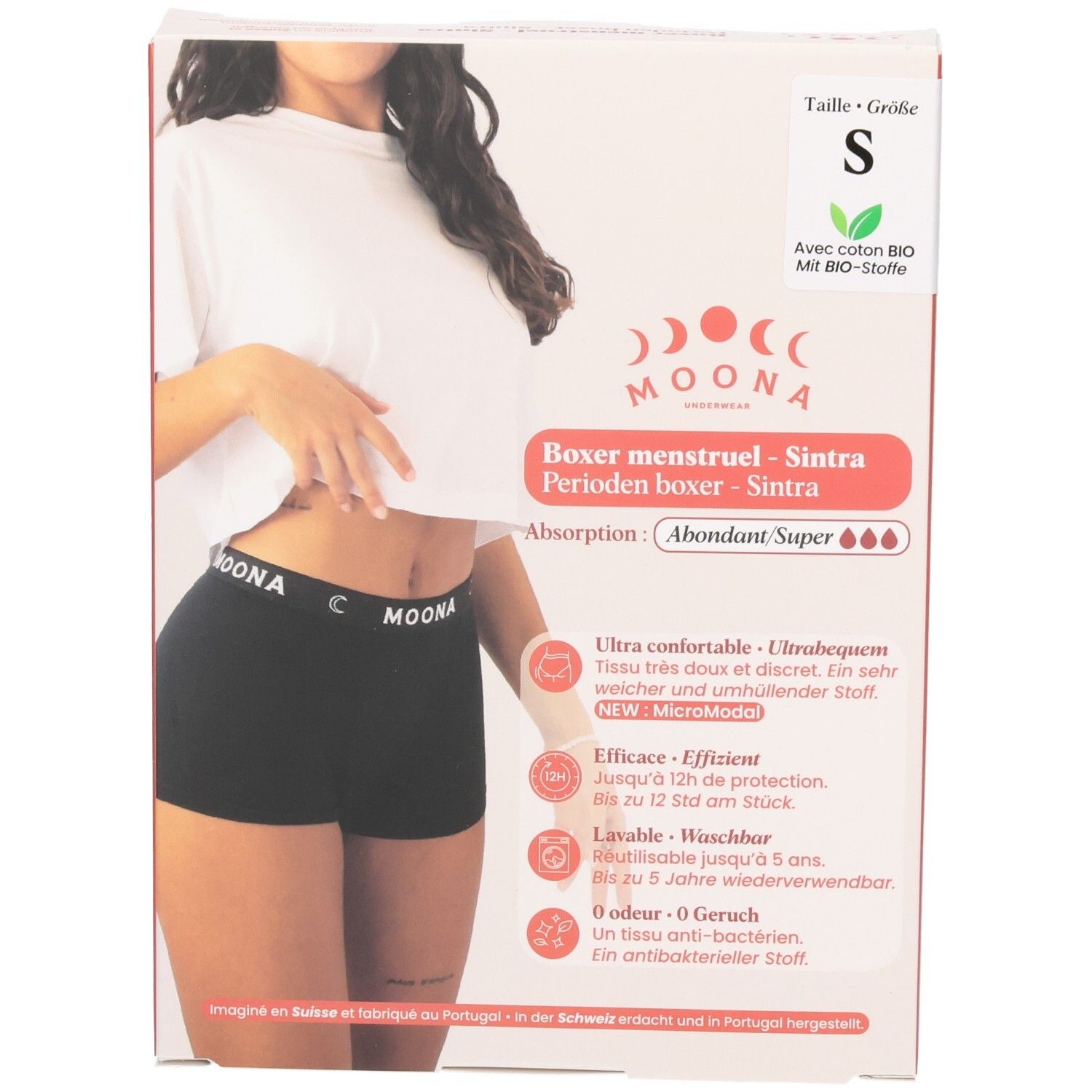 Zwarte Sintra boxer met logo. Verpakking met productafbeelding en tekst. Maat S. Met biologisch katoen.