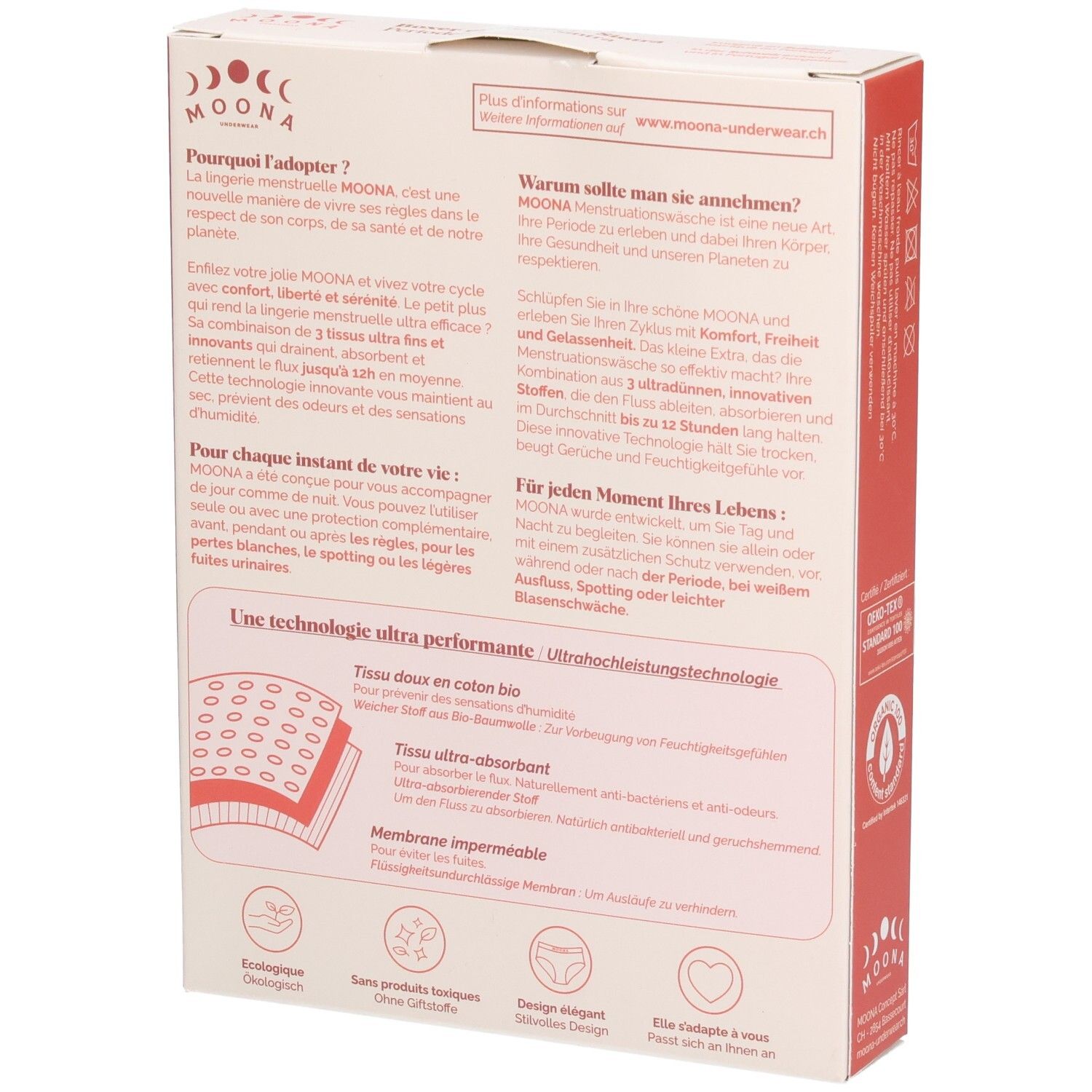 Achterkant van de verpakking. Informatie over MOONA boxers. Ultra-absorberend. Ecologisch. Wasbaar.