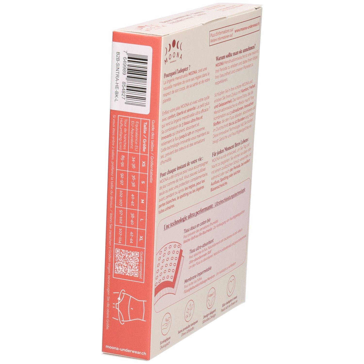 Verpakking in profiel. Tekst, maatindicaties, QR-code. Illustratie van het product. MOONA-logo.
