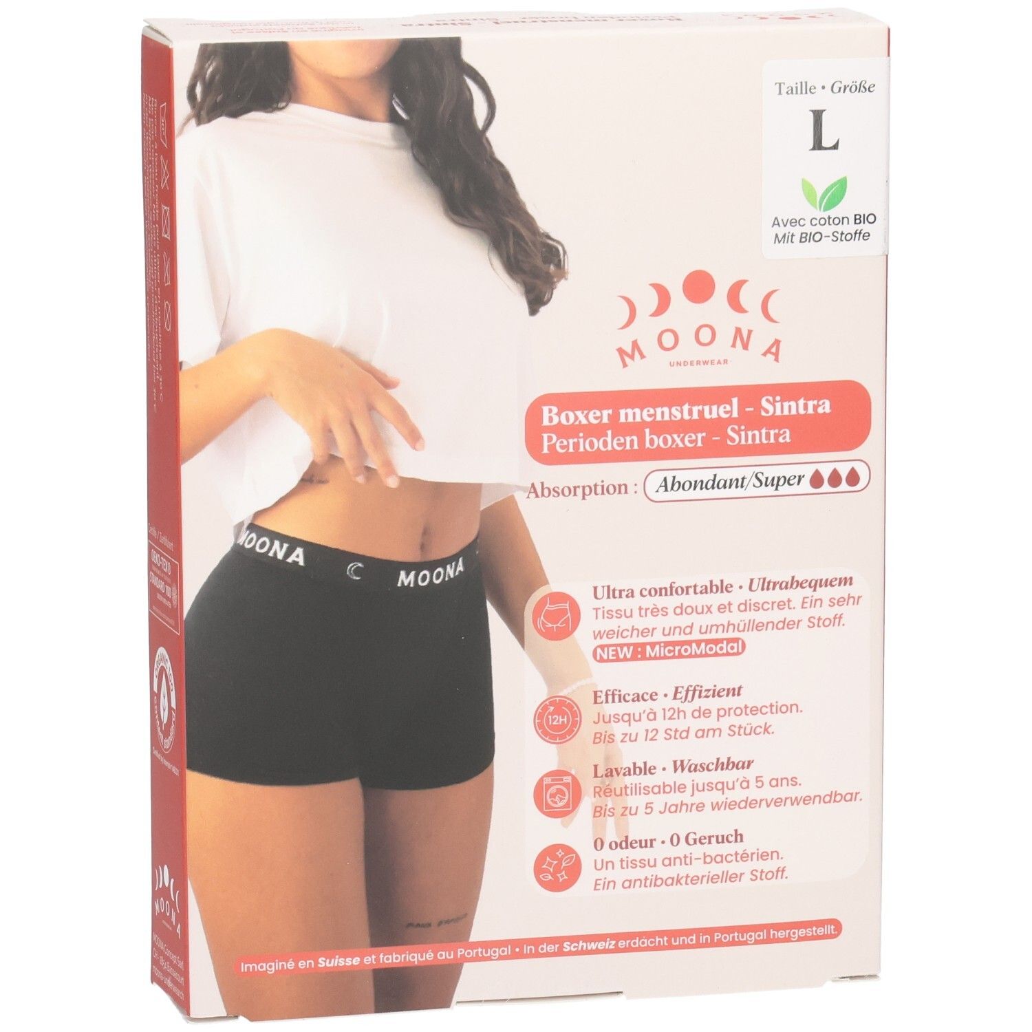Verpakking menstruatieboxer, maat L. Zwarte boxer met MOONA-logo. Productnaam, kenmerken.