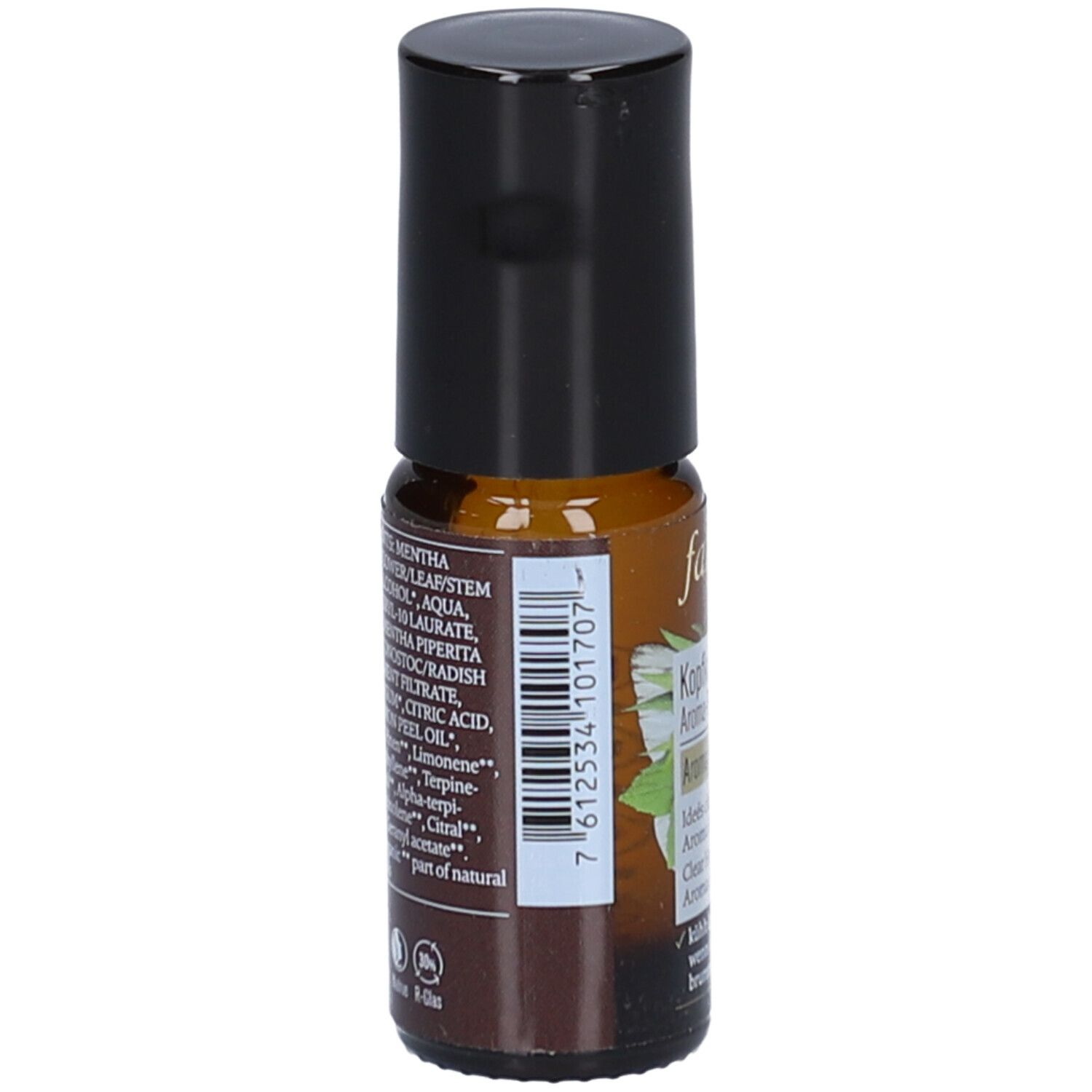 Bruine glazen fles met zwarte dop. Op de zijkant ingrediënten: Mentha Piperita, Aqua, Alcohol, etc. Met barcode en certificeringen.