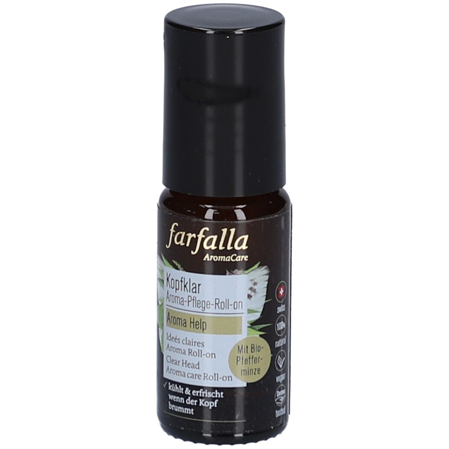Bruine glazen fles met zwarte dop. Opschrift: farfalla AromaCare, Kopfklar Aroma-Pflege-Roll-on, Aroma Help. Met biologische pepermunt.