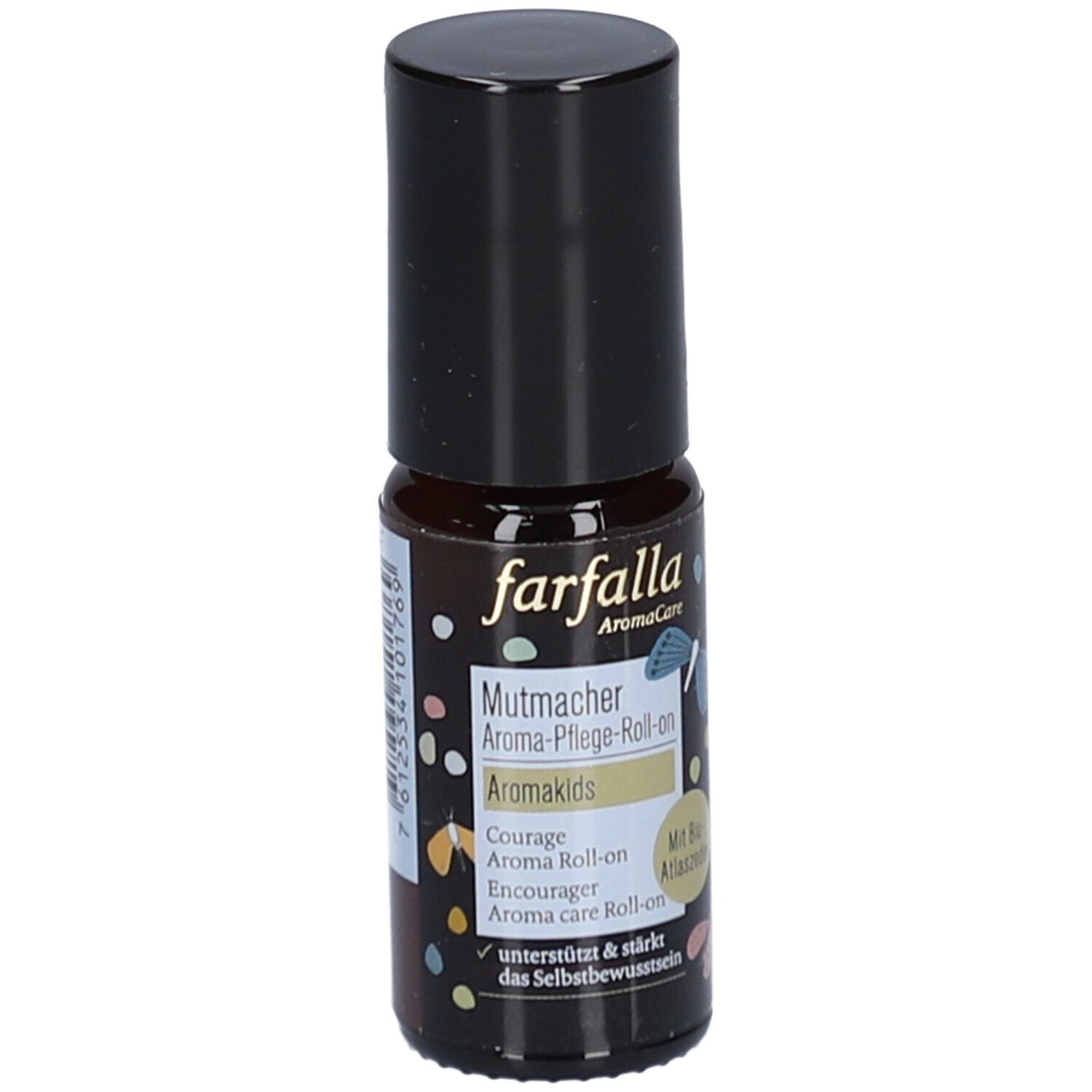 Bruine glazen fles met zwarte dop. Opschrift: farfalla, Mutmacher Aroma-Pflege-Roll-on, Aromakids. Met Bio-Atlasceder.