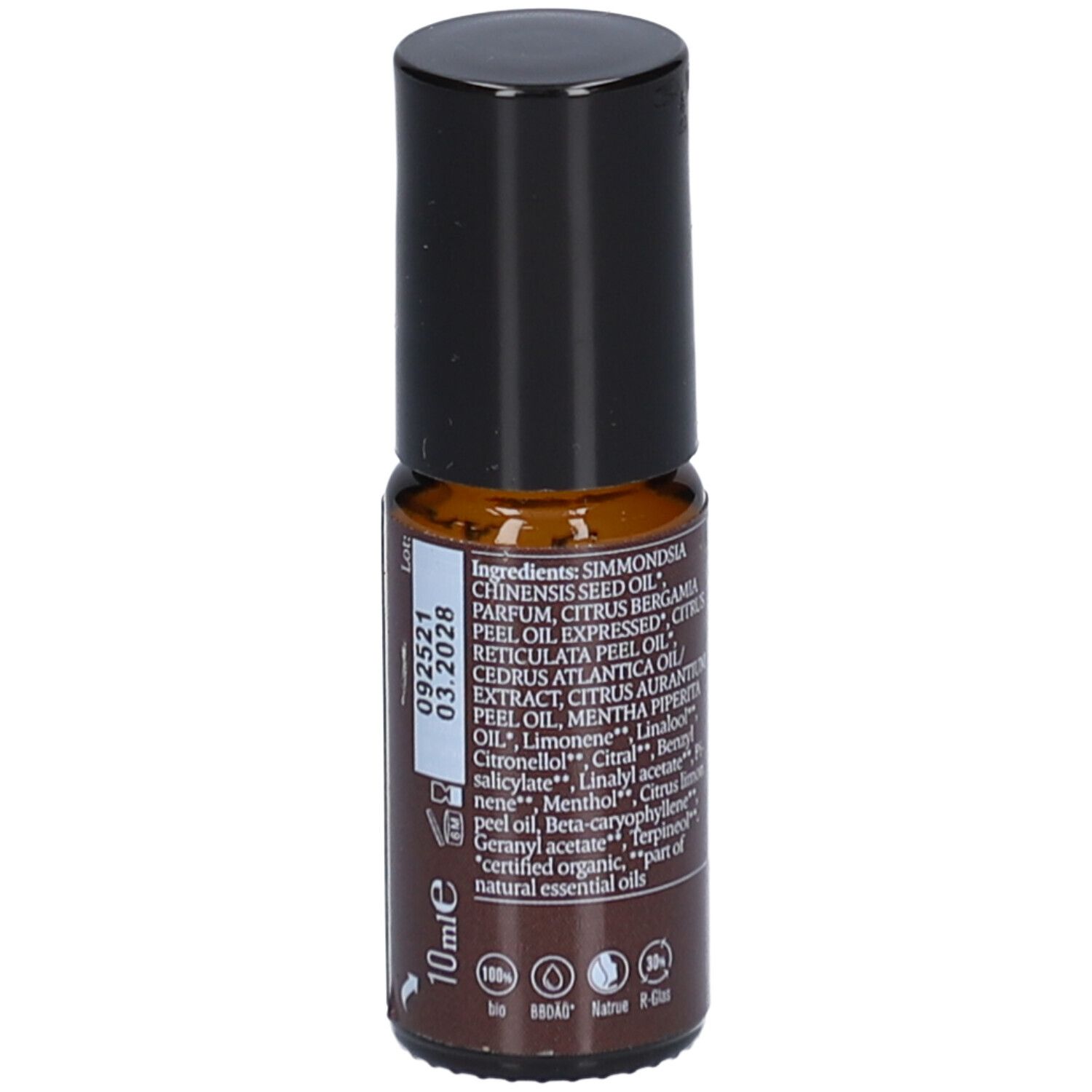 Bruine glazen fles met zwarte dop. Achterkant met ingrediënten, lotnummer en vervaldatum. Opschrift: 10ml.