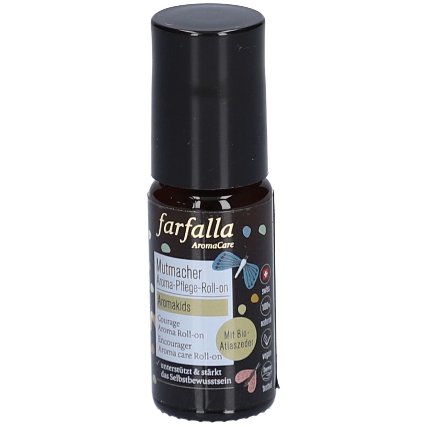 Bruine glazen fles met zwarte dop. Opschrift: farfalla, Mutmacher Aroma-Pflege-Roll-on, Aromakids. Met Bio-Atlasceder.