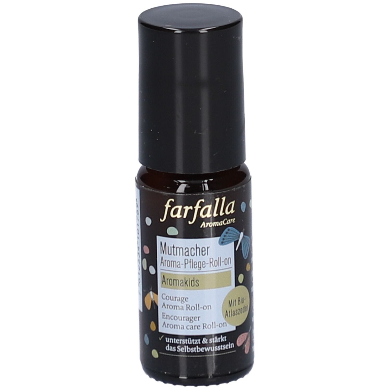 Bruine glazen fles met zwarte dop. Opschrift: farfalla, Mutmacher Aroma-Pflege-Roll-on, Aromakids. Met Bio-Atlasceder.