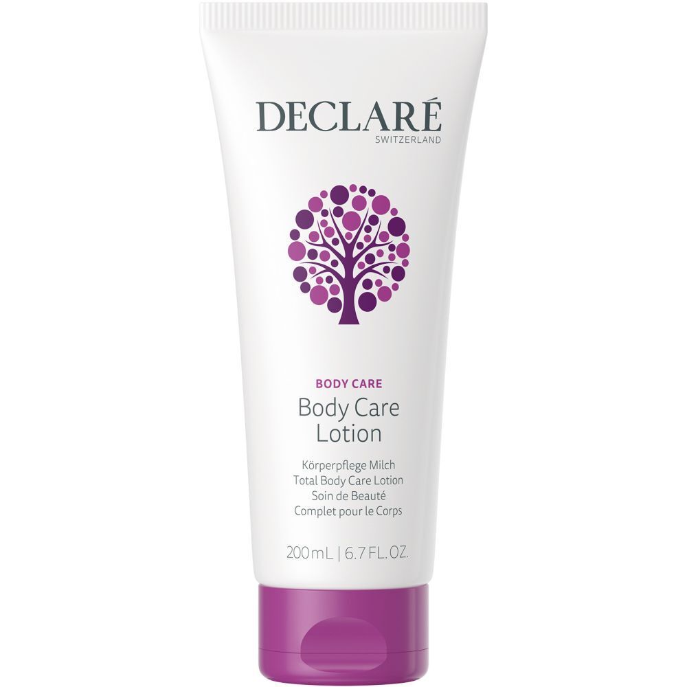 Tube blanc avec bouchon violet. Logo DECLARÉ et nom du produit Body Care Lotion. Symbole d'arbre. 200ml.