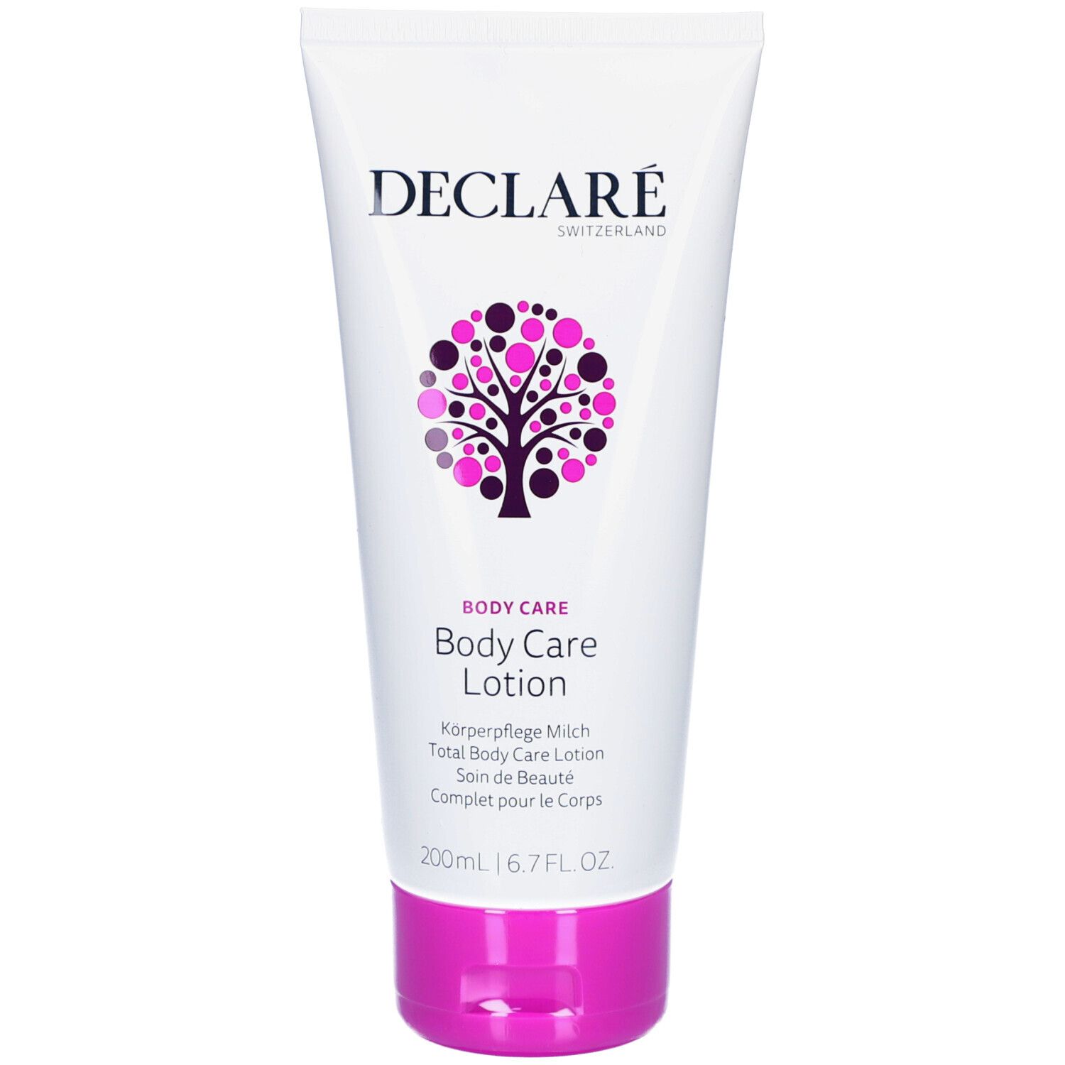 Tube blanc avec bouchon violet. Logo DECLARÉ et nom du produit Body Care Lotion. Texte en plusieurs langues.