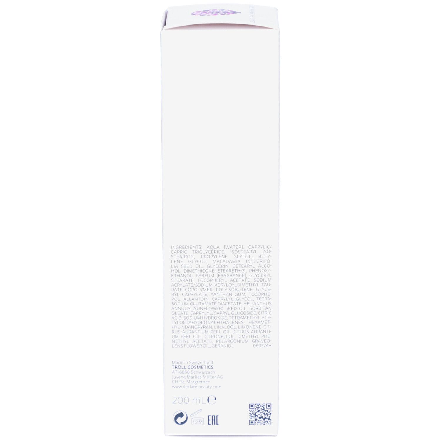 Dos de la boîte. Ingrédients, informations fabricant, certifications. 200ml.