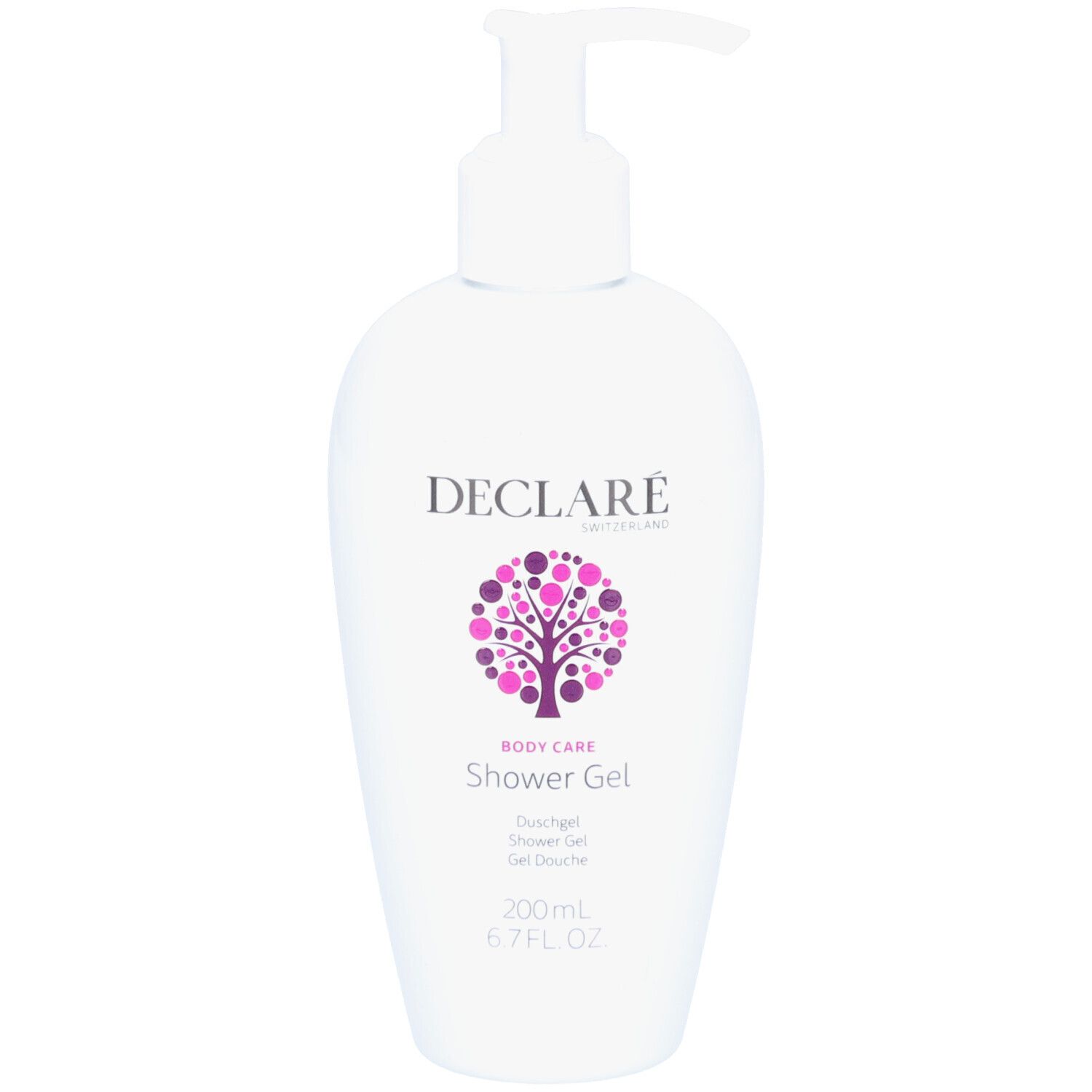 Witte fles met pomp. DECLARÉ-logo en productnaam. Paars boomontwerp. Tekst: Shower Gel, 200ml, 6.7 FL. OZ.