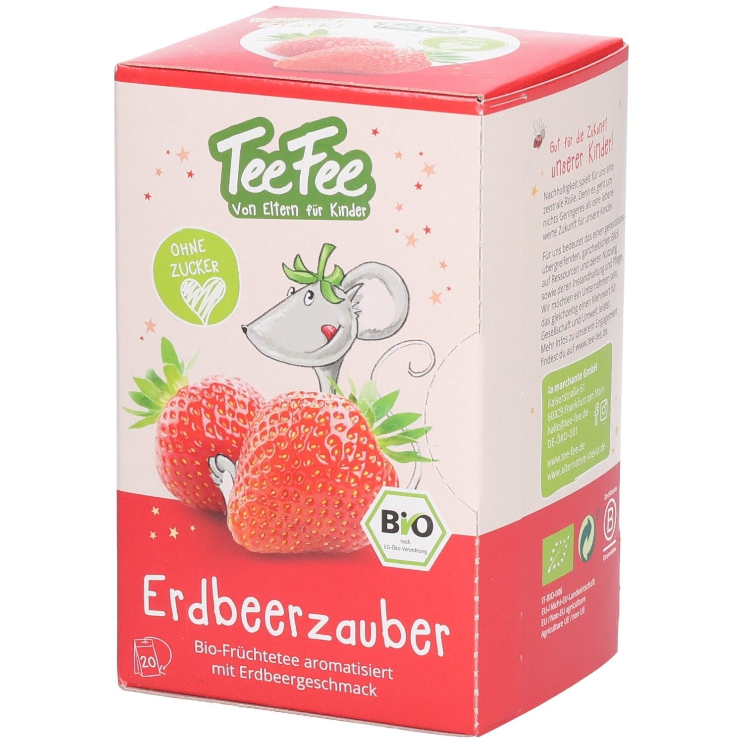 TeeFee Erdbeerzauber Thé aux fruits bio pour enfants, 20 sachets, sans sucre.