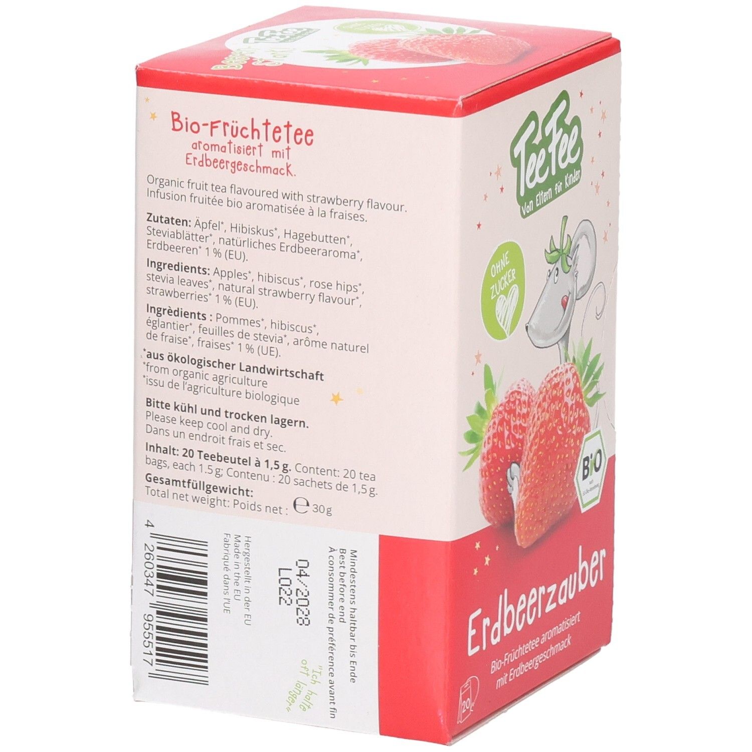 Dos TeeFee Erdbeerzauber Thé aux fruits bio pour enfants avec liste d'ingrédients et label bio.