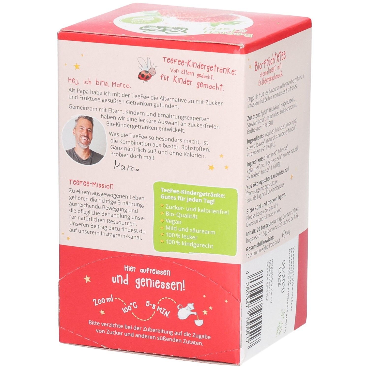 Côté TeeFee Erdbeerzauber Thé aux fruits bio pour enfants avec informations sur la mission et la préparation.