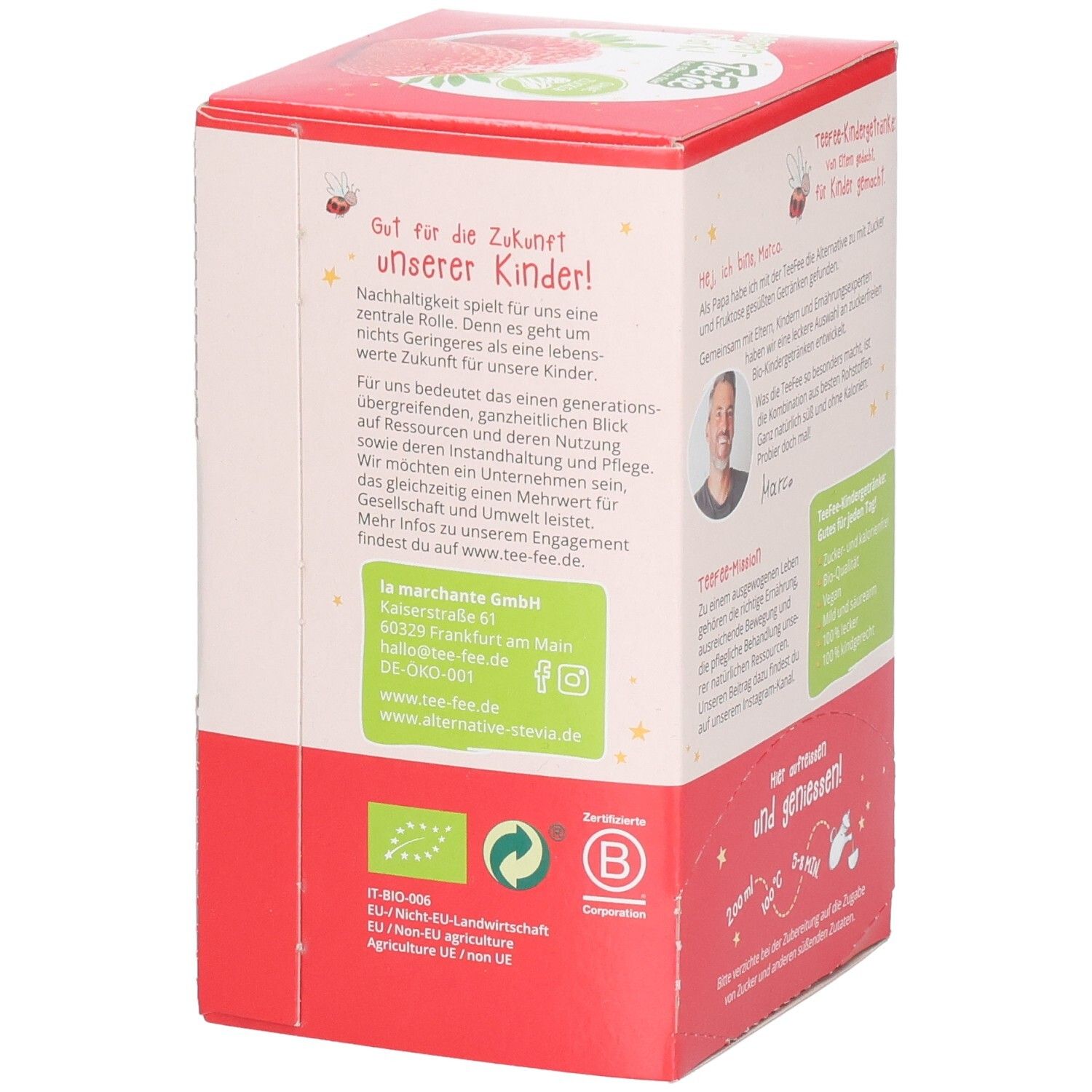 Côté TeeFee Erdbeerzauber Thé aux fruits bio pour enfants avec sceaux et informations de contact.