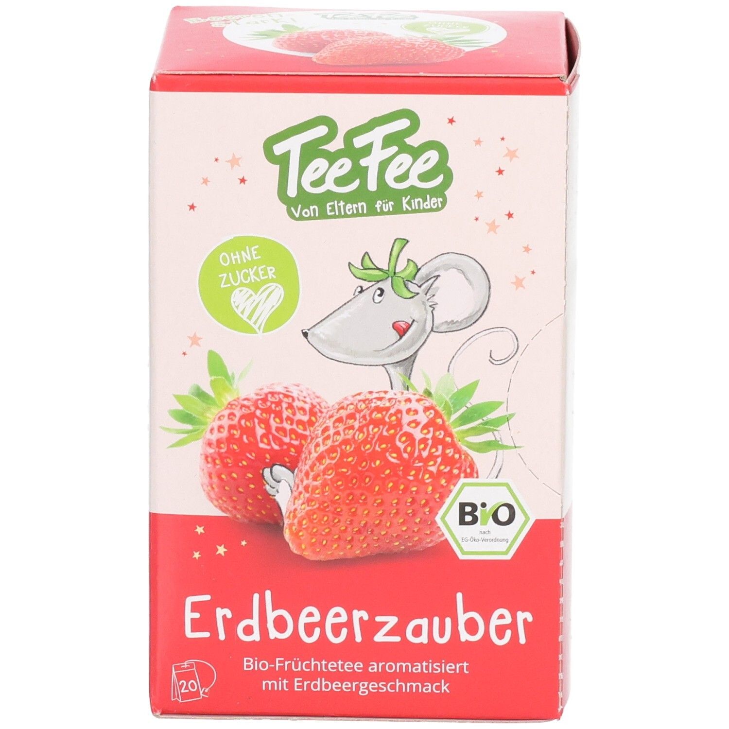 Avant TeeFee Erdbeerzauber Thé aux fruits bio pour enfants avec fraises et illustration de souris.