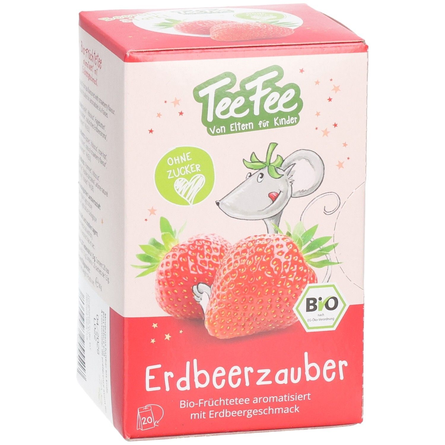 Avant TeeFee Erdbeerzauber Thé aux fruits bio pour enfants avec fraises et illustration de souris.