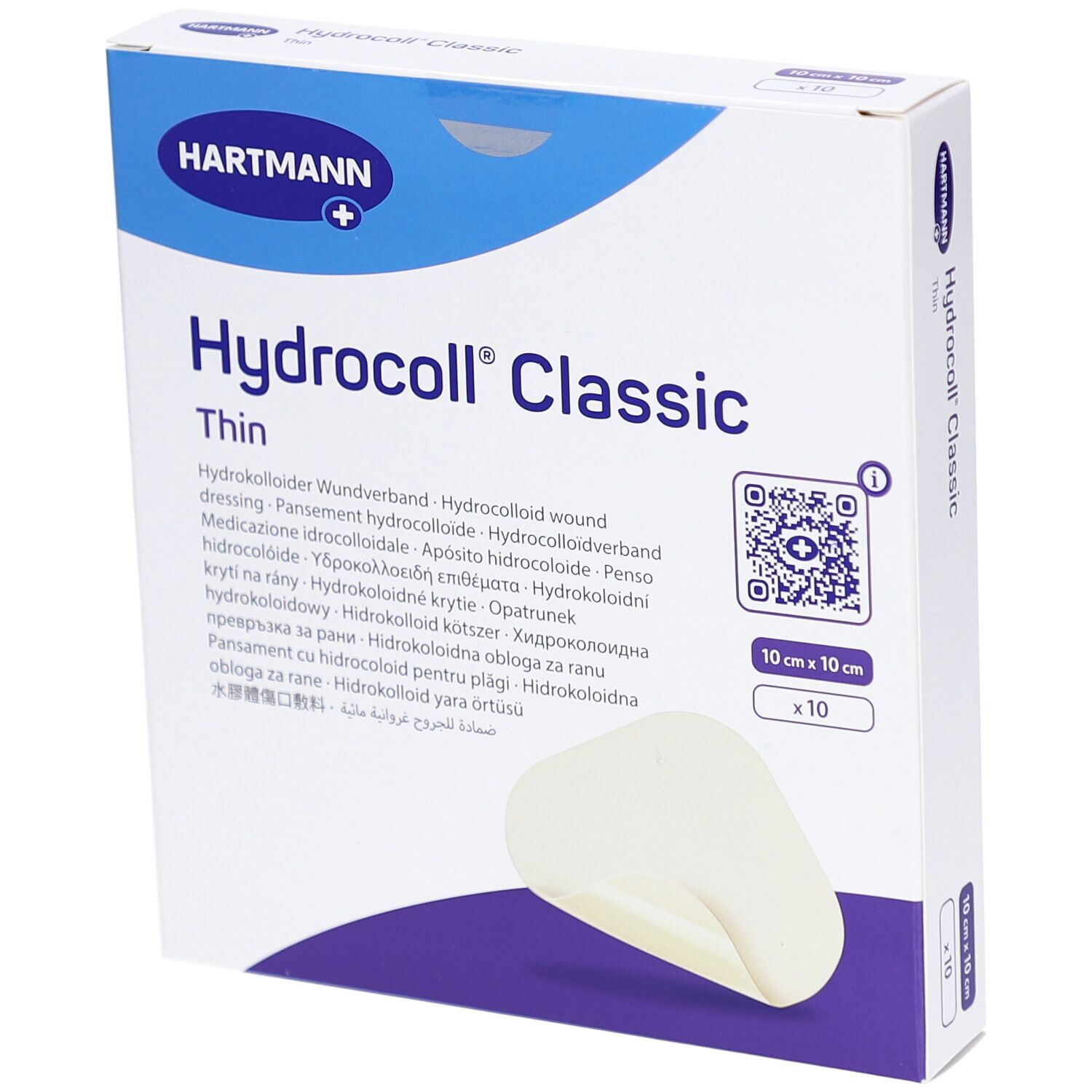 Boîte de Hydrocoll Classic Thin, 10x10 cm, 10 pièces. Marque Hartmann. Produit et emballage blancs.
