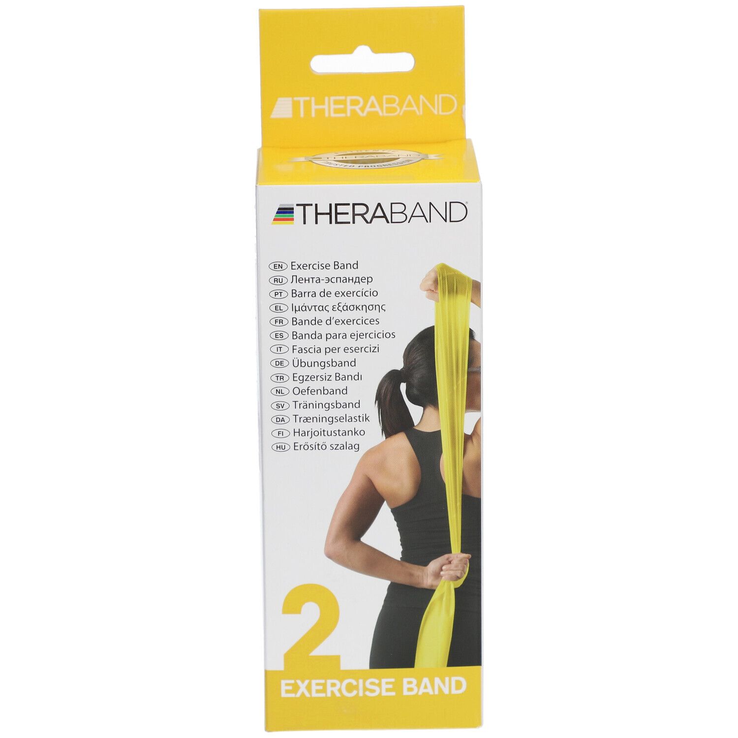 Emballage avec bande d'exercice jaune. Inscription : THERABAND, Exercise Band. Femme démontrant l'utilisation. Bande jaune étirée.