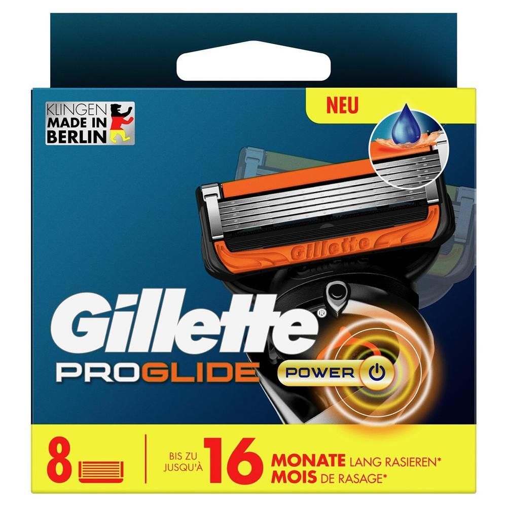 Verpakking met scheermesjes. Bevat 8 mesjes. Merk Gillette ProGlide Power. Tekst: 16 maanden scheren. Met logo en productafbeelding.