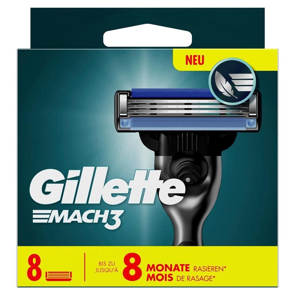 Gillette Mach3 scheermesjesverpakking. Bevat scheermesjes en een scheermes. Verpakking met productnaam en logo. Bevat 8 mesjes.