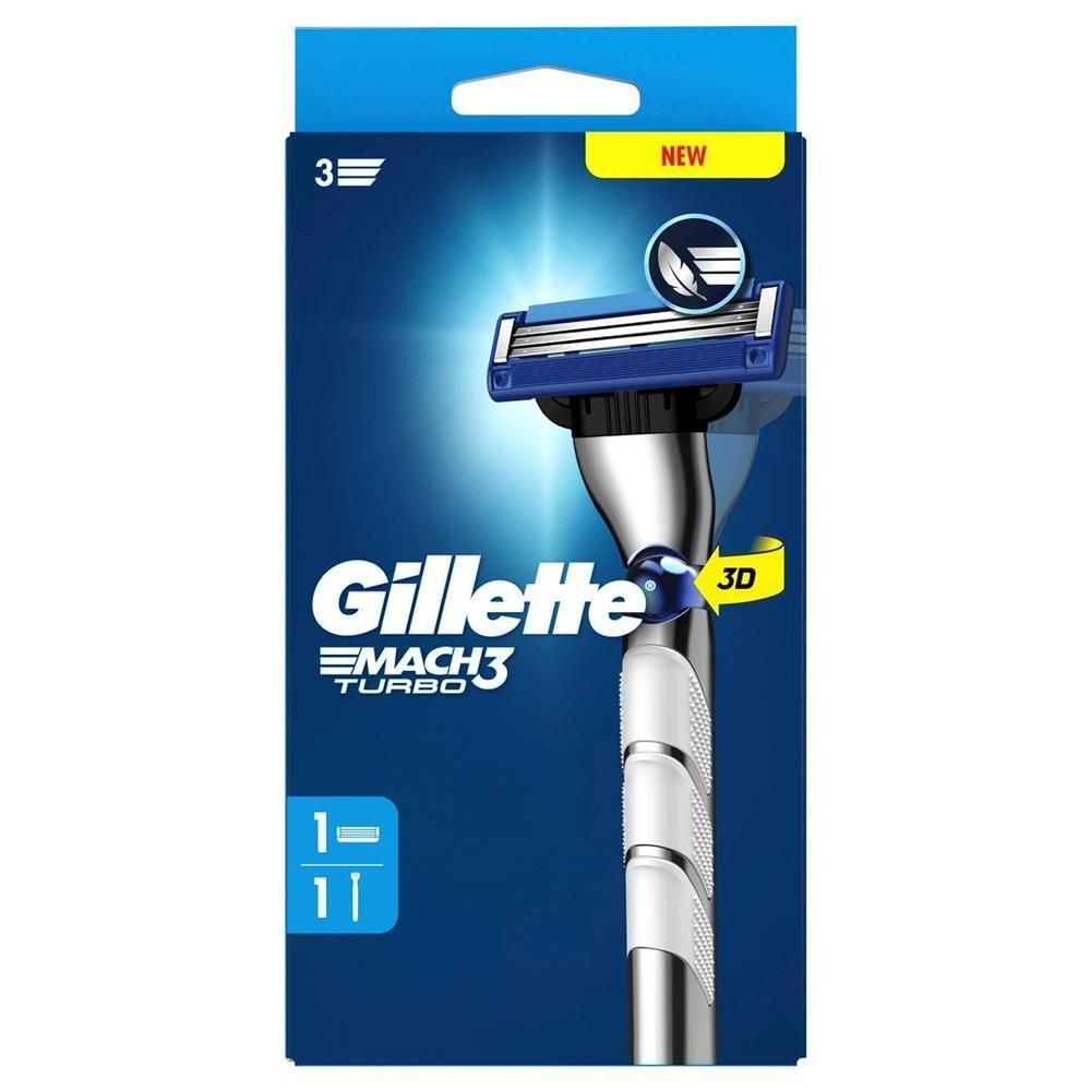 Rasoir Gillette Mach3 Turbo. Lames bleues et argentées. Emballage avec produit et logo.