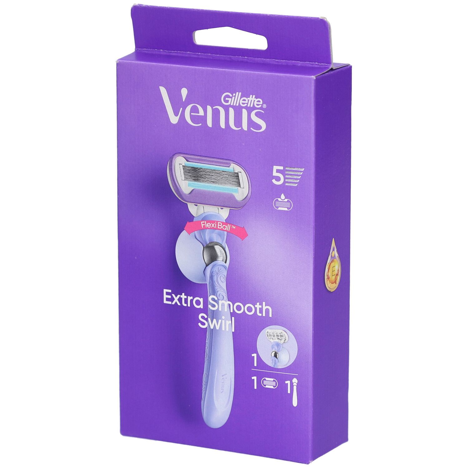 Paarse verpakking met scheermes. Opschrift: Venus Gillette, Extra Smooth Swirl. Scheermes met 5 mesjes en FlexiBall-technologie.