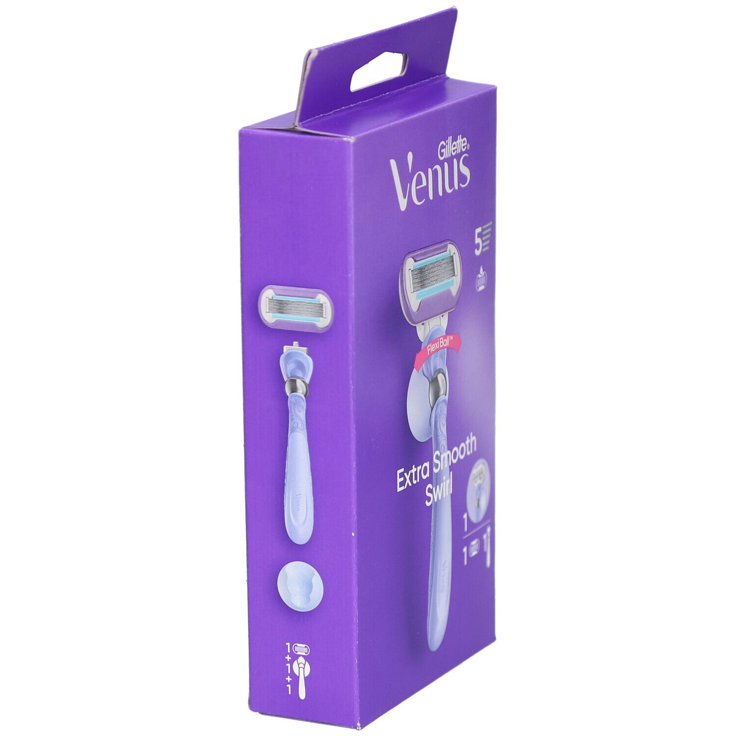 Paarse verpakking, zijaanzicht. Opschrift: Venus Gillette, Extra Smooth Swirl. Afbeelding van het scheermes.
