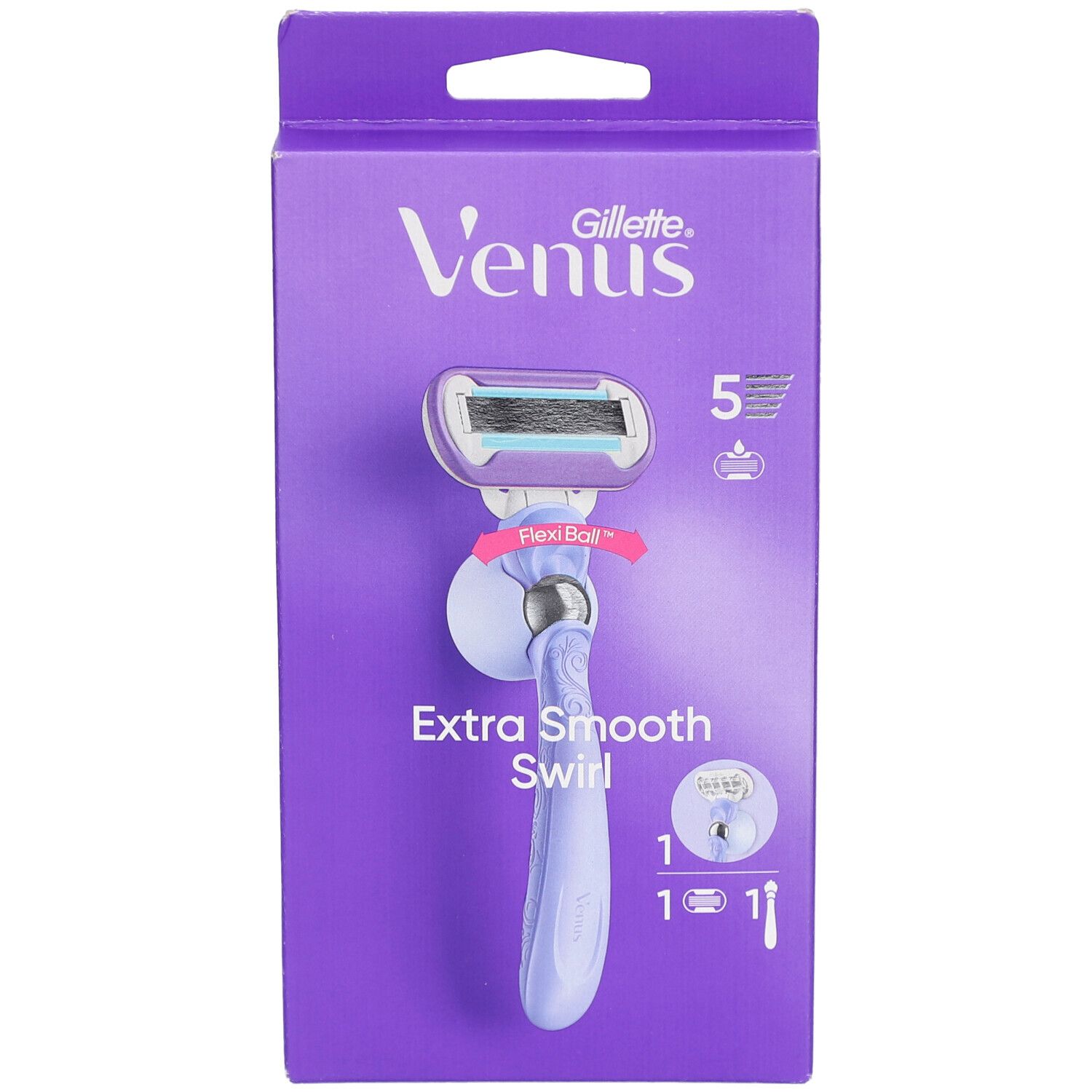 Paarse verpakking met scheermes. Opschrift: Venus Gillette, Extra Smooth Swirl. Scheermes met 5 mesjes en FlexiBall-technologie.
