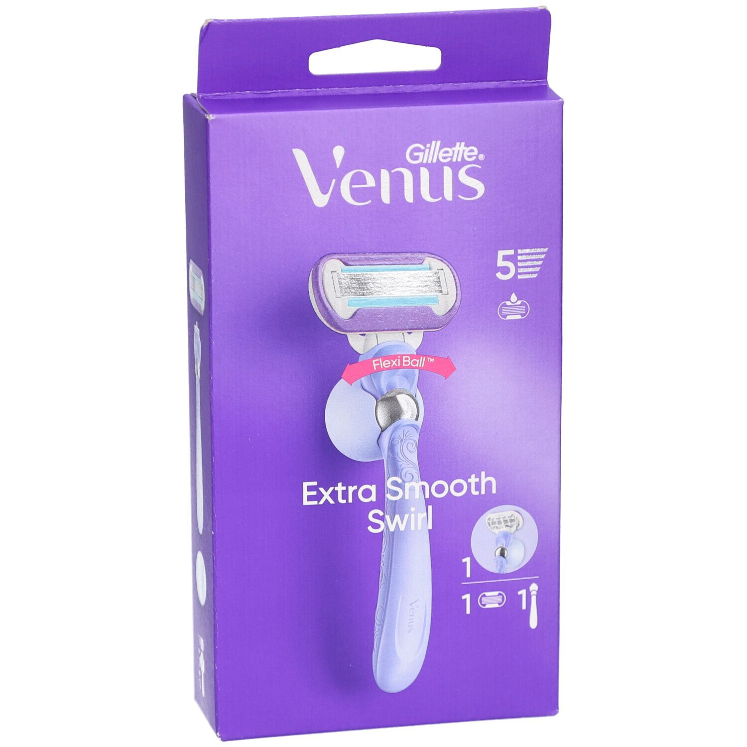 Paarse verpakking met scheermes. Opschrift: Venus Gillette, Extra Smooth Swirl. Scheermes met 5 mesjes en FlexiBall-technologie.