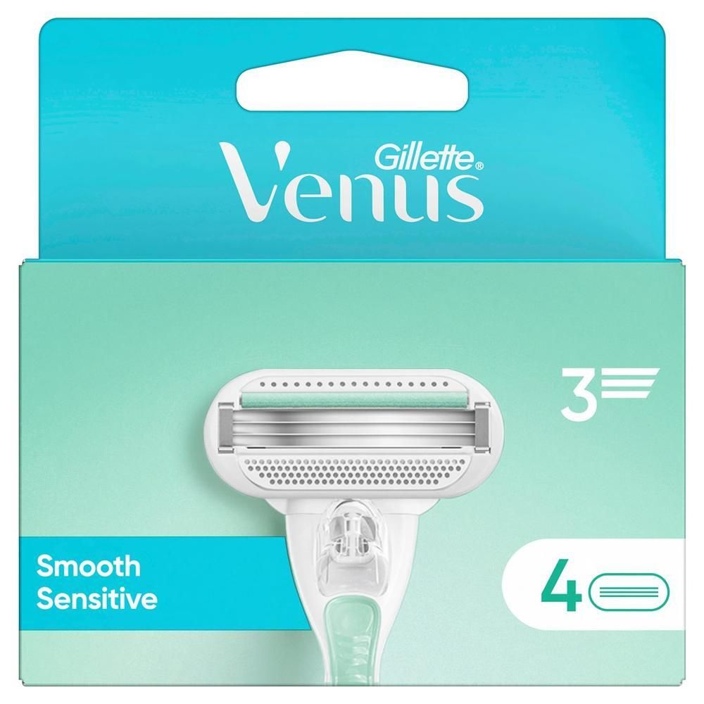 Verpakking met scheermesjes. Merk Venus Gillette. Opschrift: Smooth Sensitive. Bevat 4 mesjes. Symbool 3 mesjes.