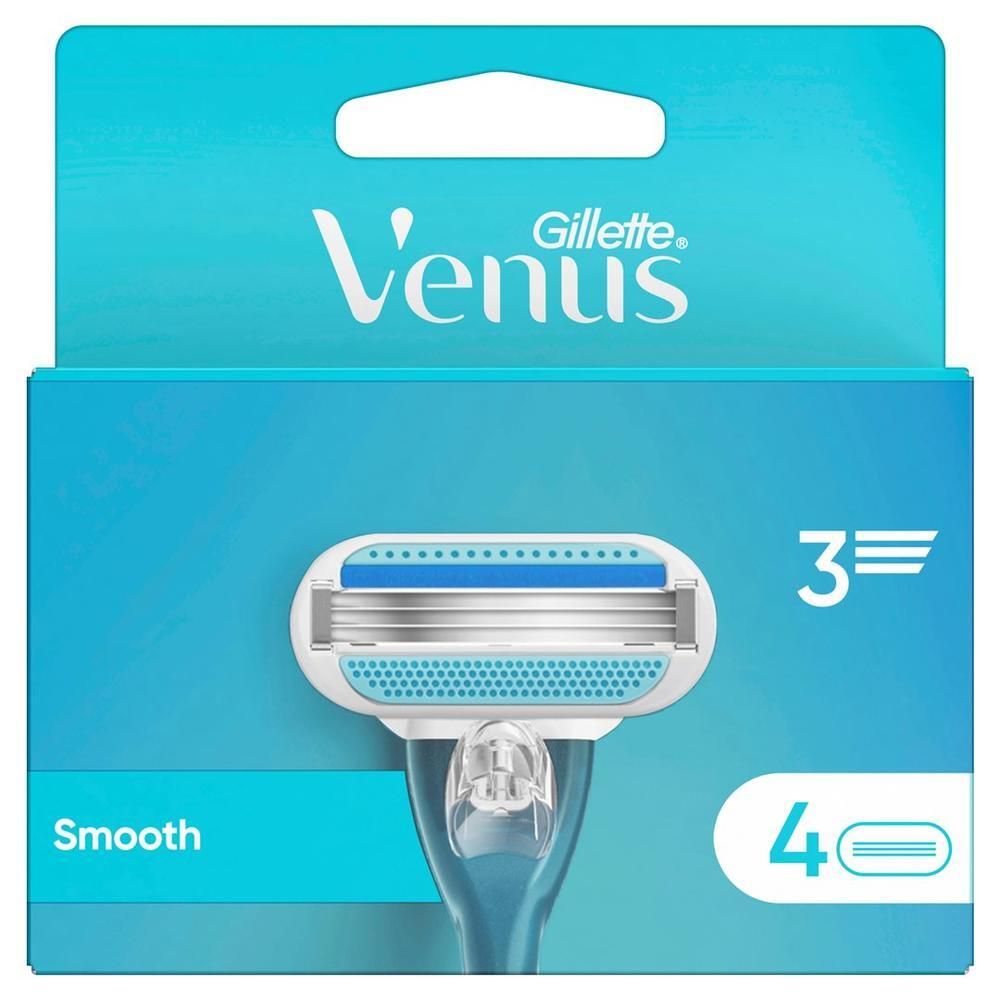 Verpakking met scheermesjes. Merk Venus Gillette. Bevat 4 mesjes. Blauwe en witte tinten. Opschrift Smooth.