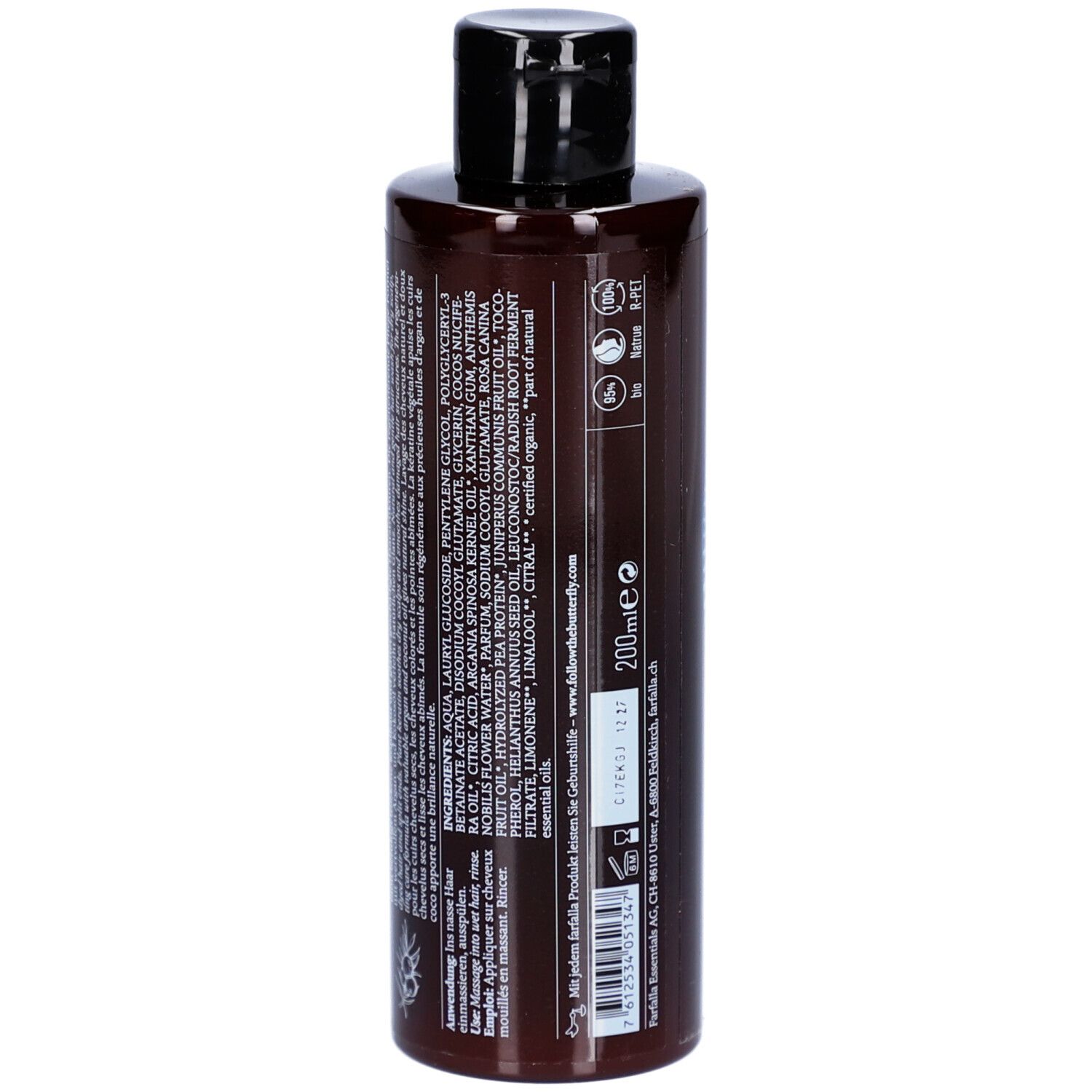 Dos d'un flacon de shampooing brun. Contient les ingrédients et les informations du fabricant. 200ml.